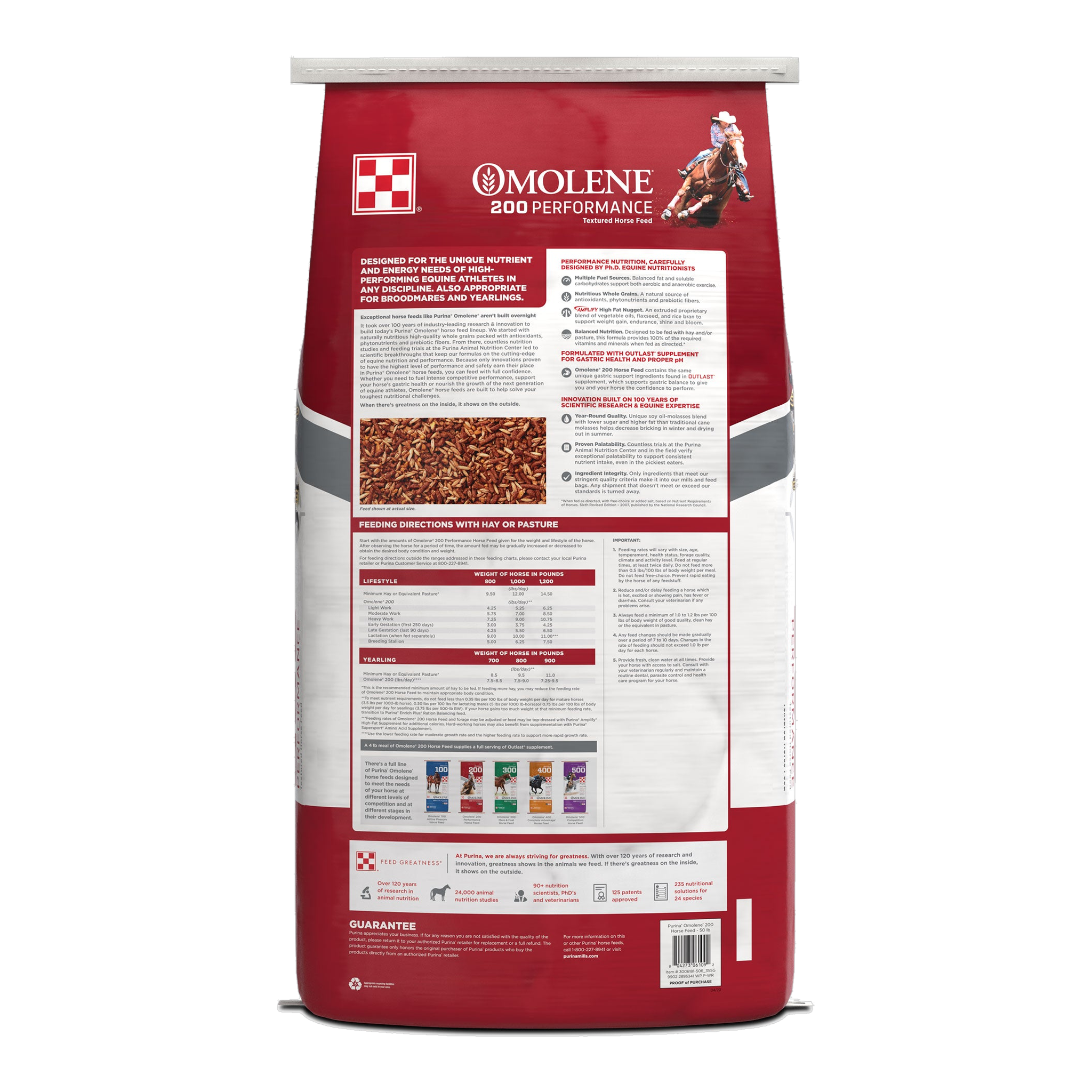 Back of the Purina Omolene 200 horse feed bag with feeding charts and guaranteed analysis