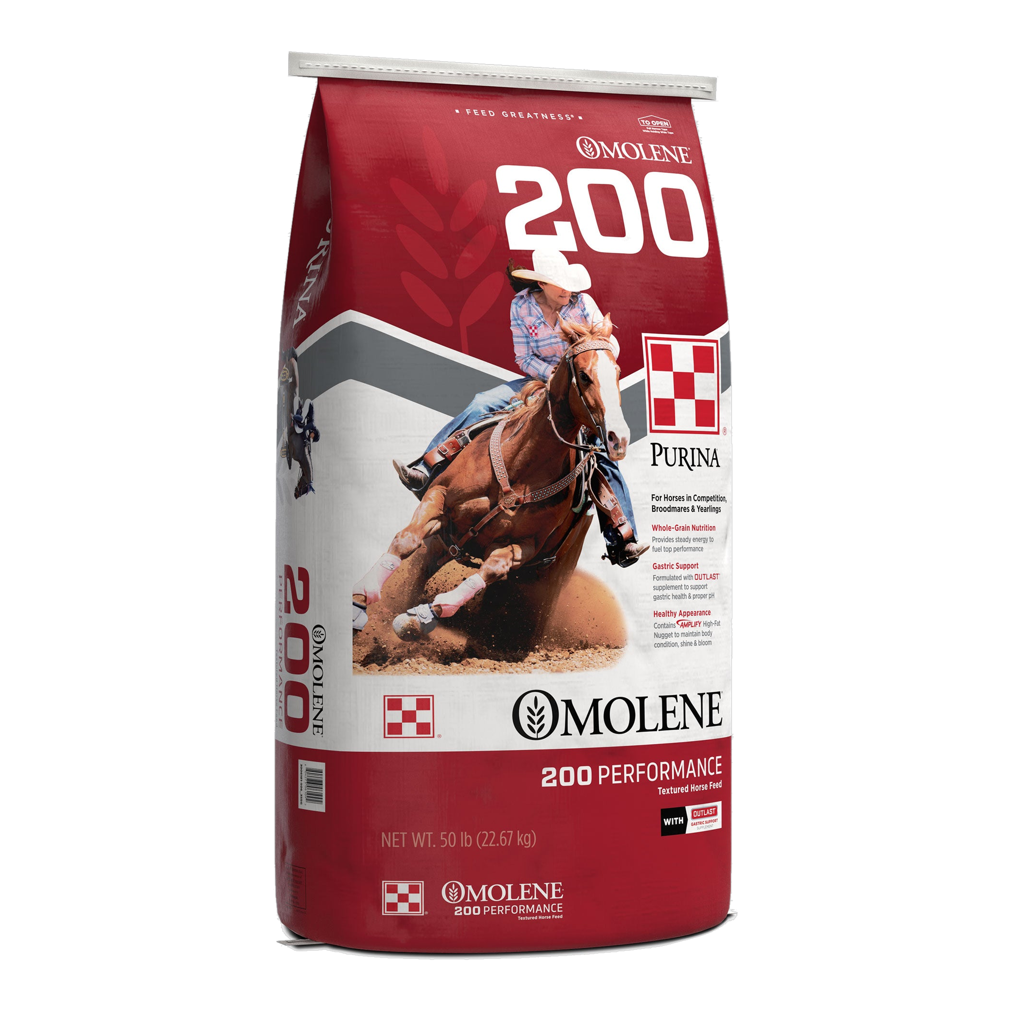 Purina Omolene 200 Performance horse feed 50 lb bag, left three-quarter view