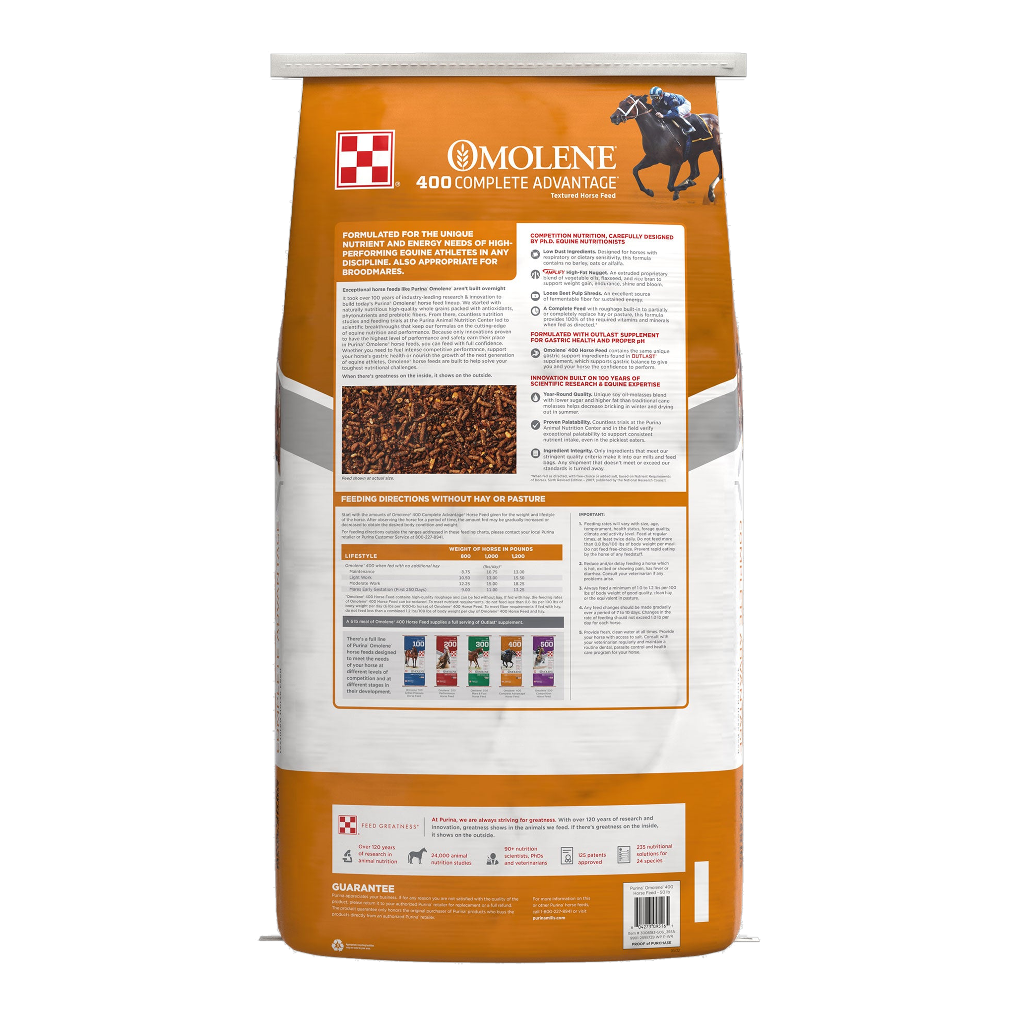 Back of the Purina Omolene 400 Complete Advantage bag with feeding rates and analysis