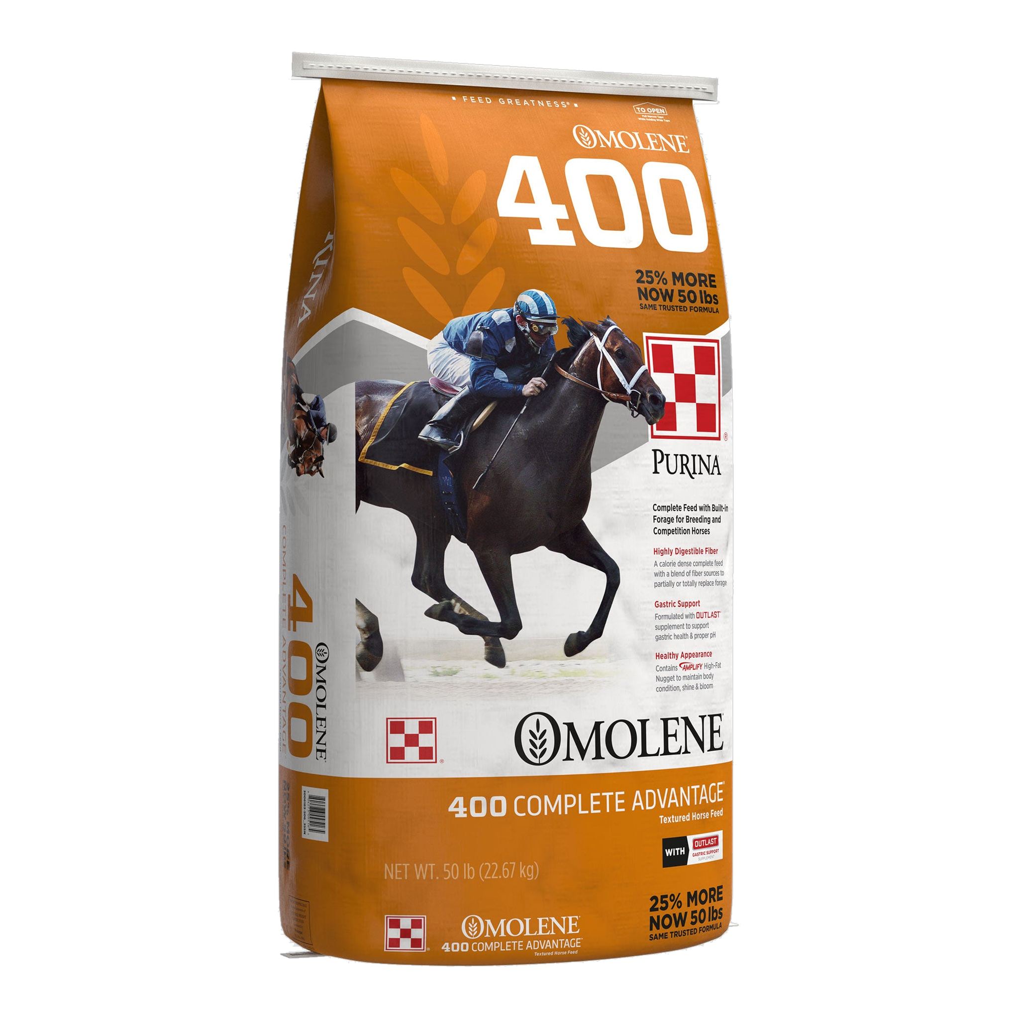 Purina Omolene 400 Complete Advantage horse feed 50 lb bag, left three-quarter view