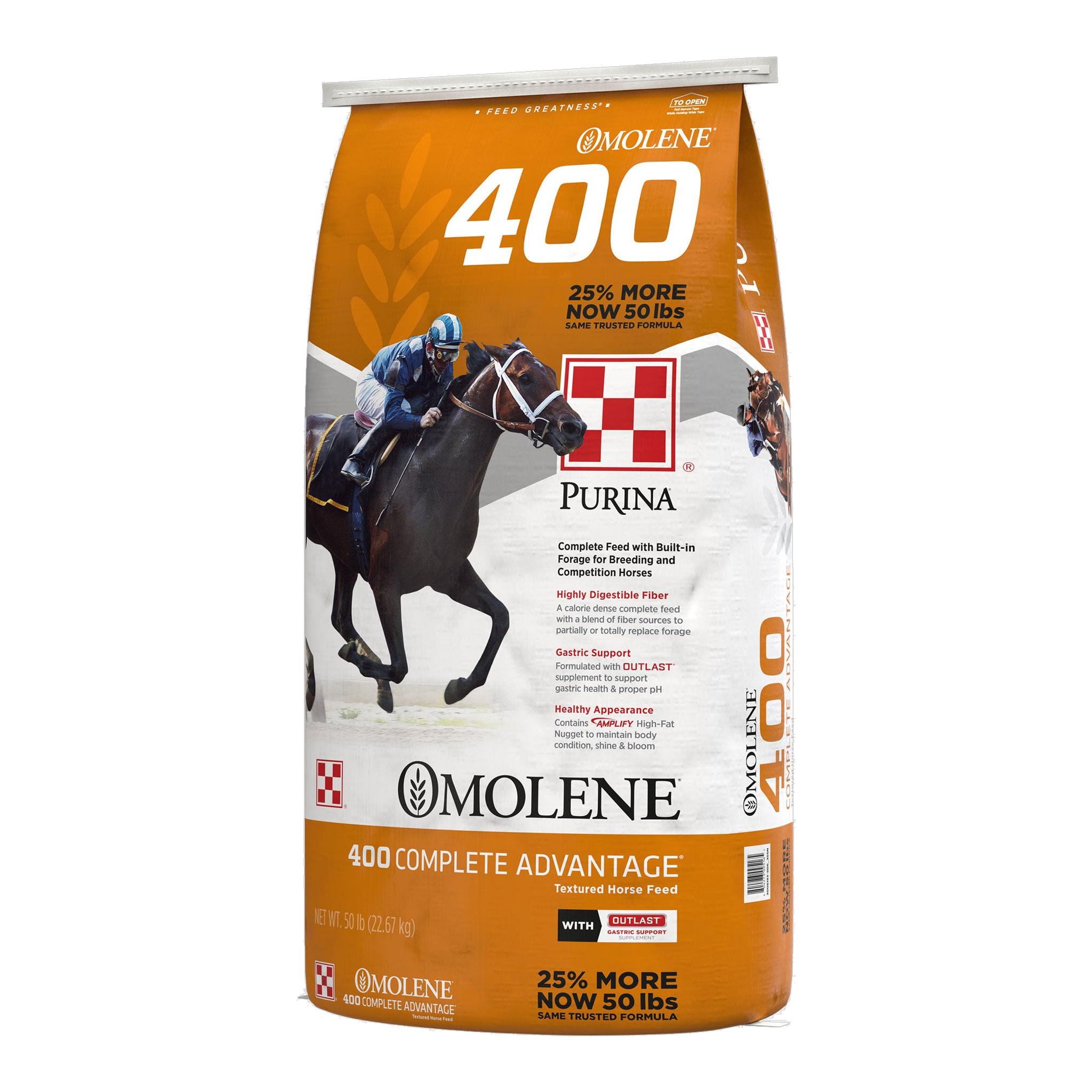 Purina Omolene 400 Complete Advantage horse feed 50 lb bag, right three-quarter view