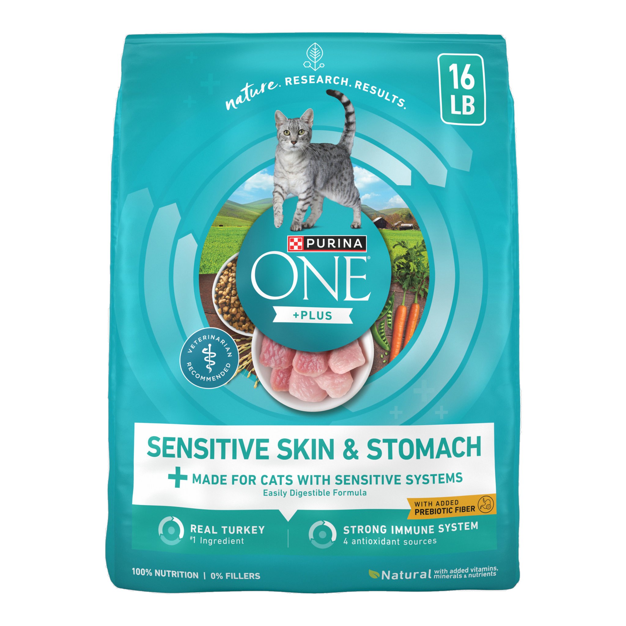 Purina ONE Plus Sensitive Skin and Stomach dry cat food 16 lb bag, front of pack