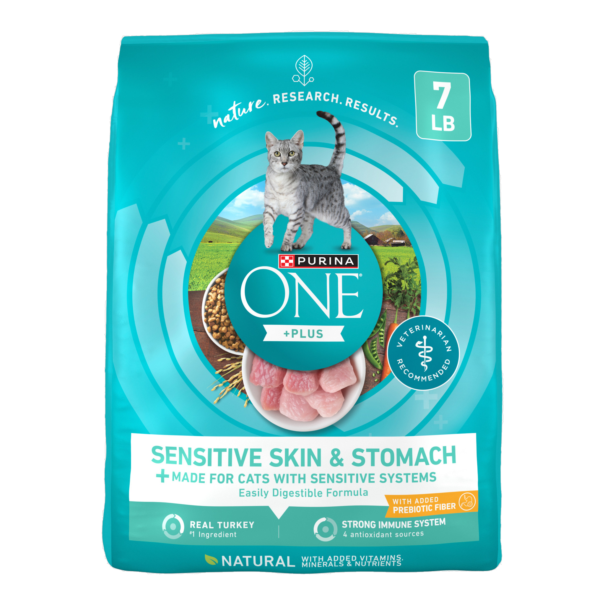 Purina ONE Plus Sensitive Skin and Stomach dry cat food 7 lb bag, front of pack