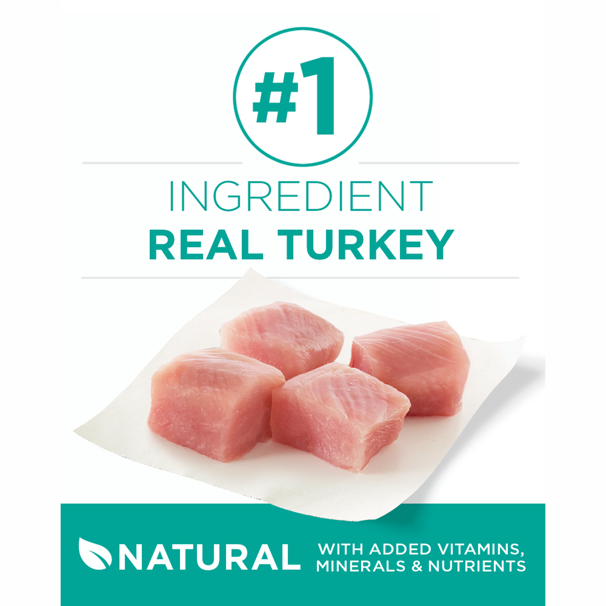 Real turkey as the number one ingredient, natural with added vitamins, minerals and nutrients