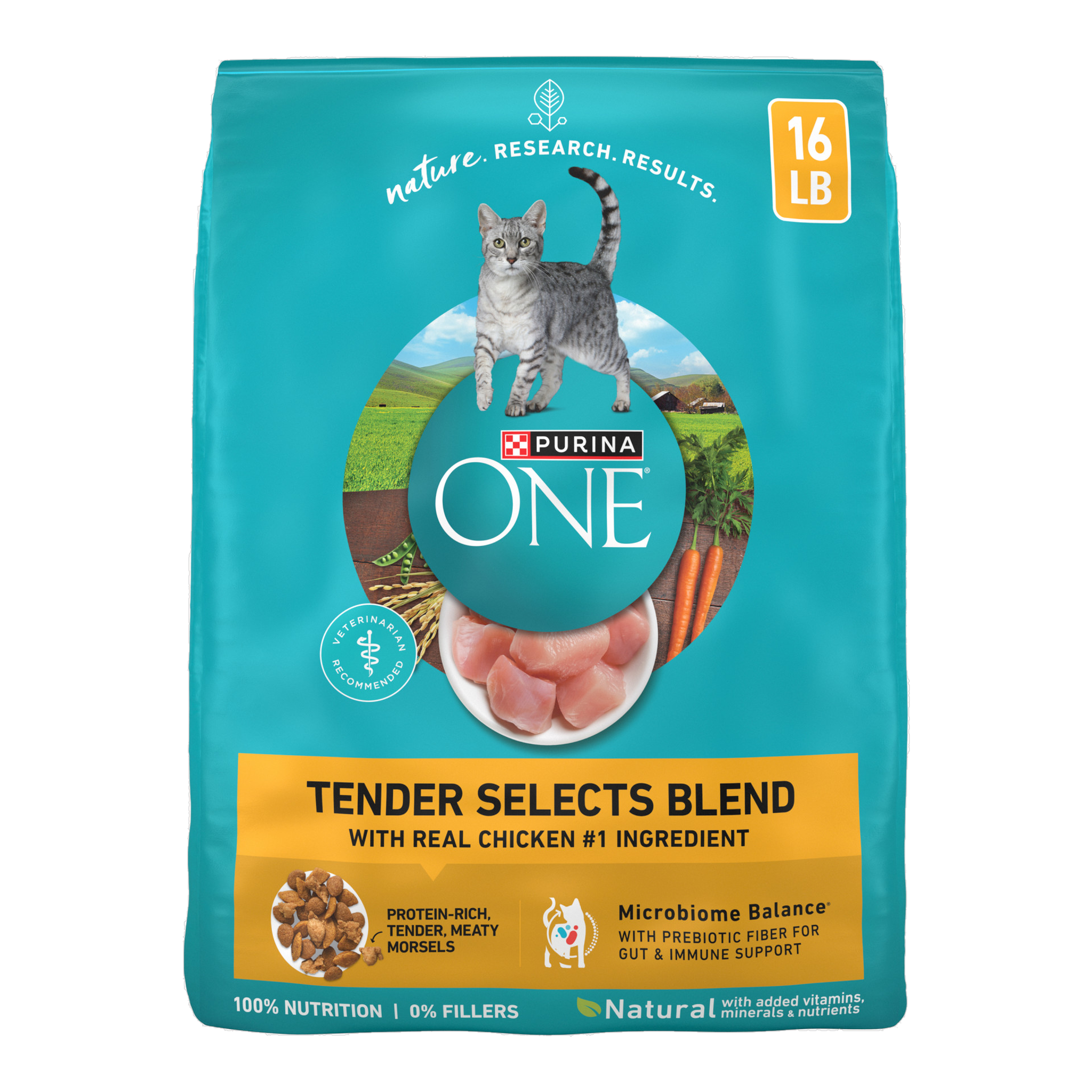 Purina ONE Tender Selects Blend with real chicken dry cat food 16 lb bag, front of pack