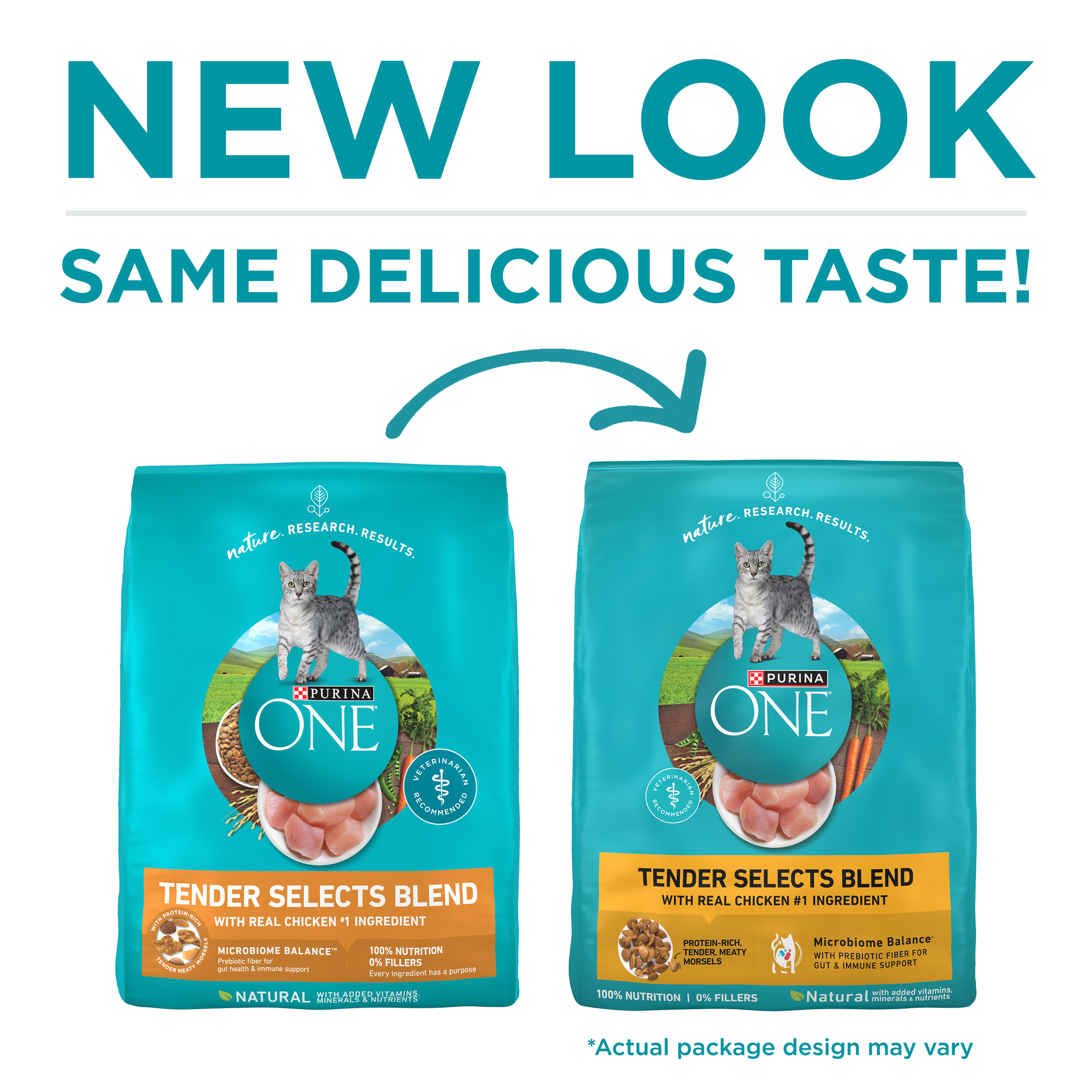 New look, same delicious taste - previous and current Purina ONE Tender Selects Blend bag designs