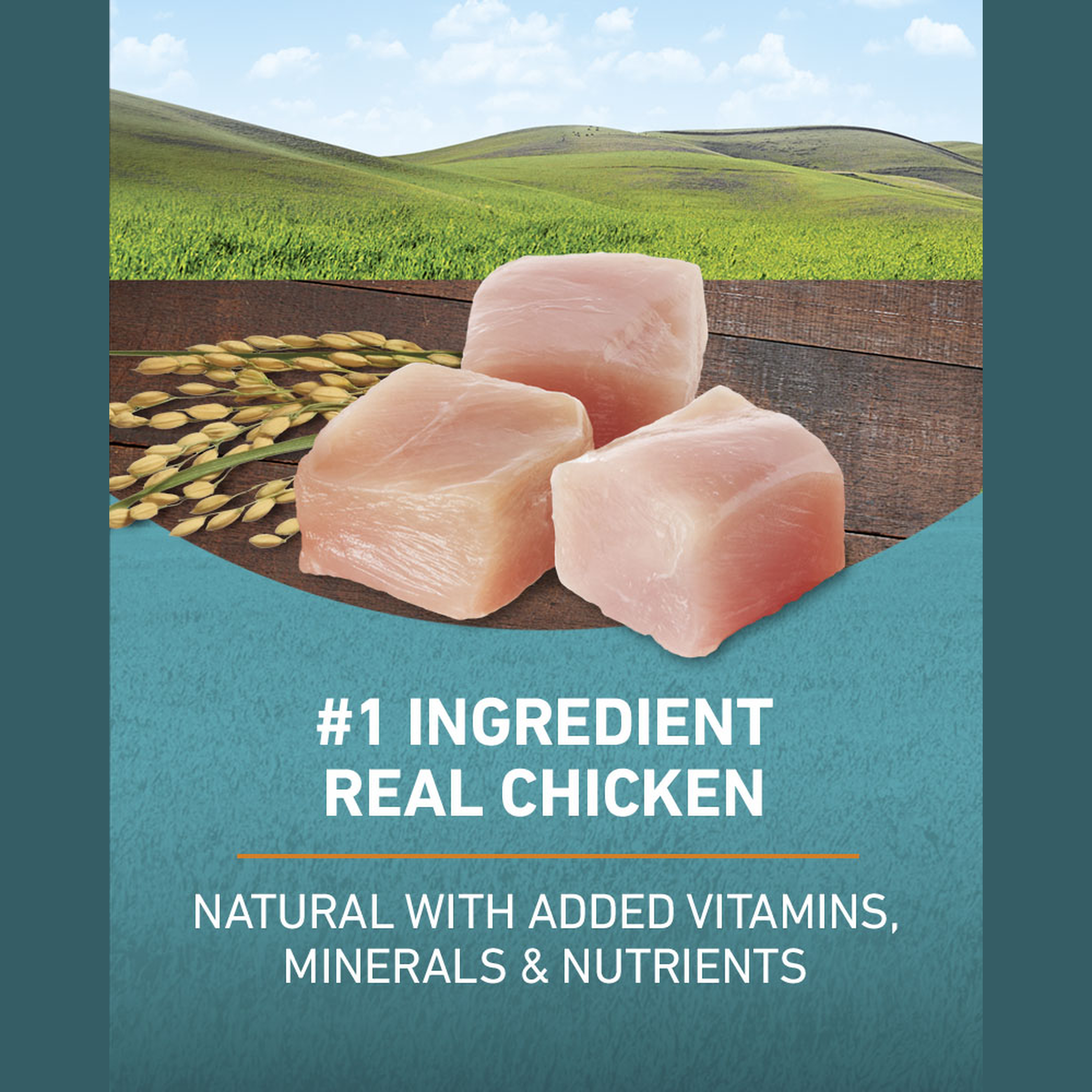 Real chicken as the number one ingredient, natural with added vitamins, minerals and nutrients