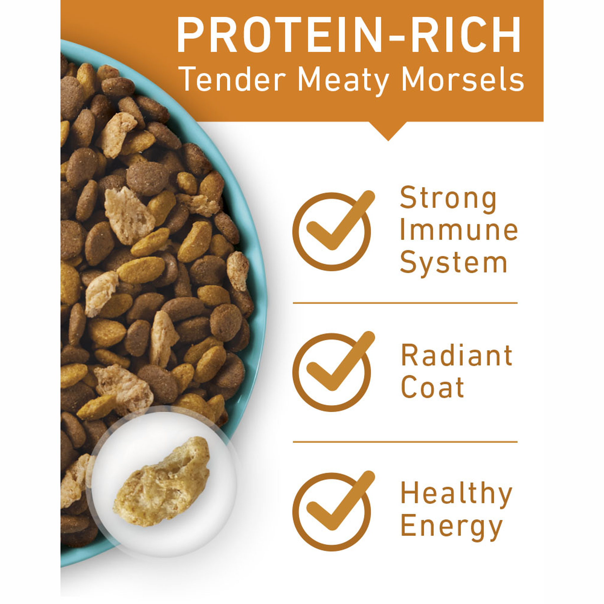 Protein-rich tender meaty morsels supporting a strong immune system, radiant coat and healthy energy