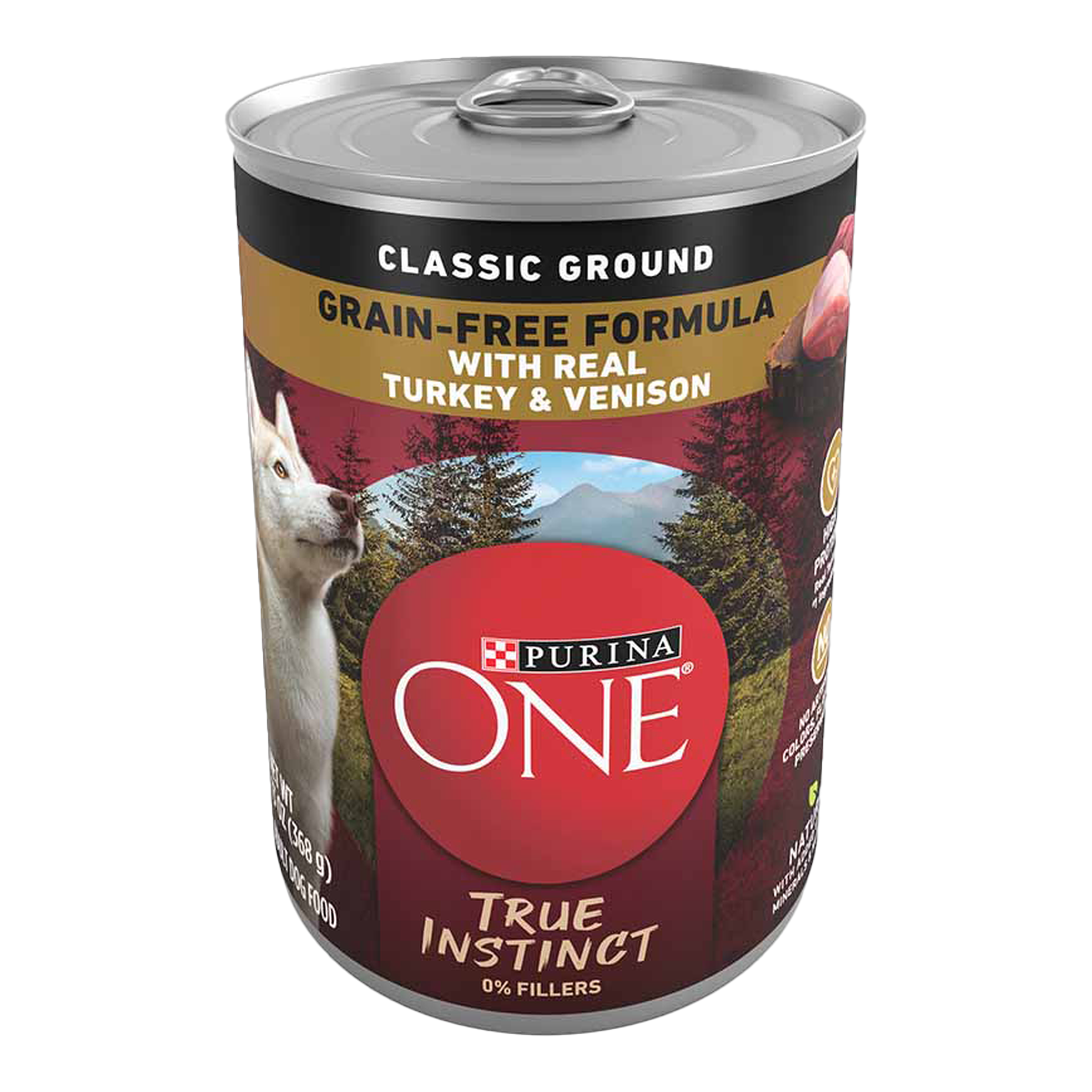 Purina ONE True Instinct Classic Ground grain-free wet dog food can with real turkey and venison