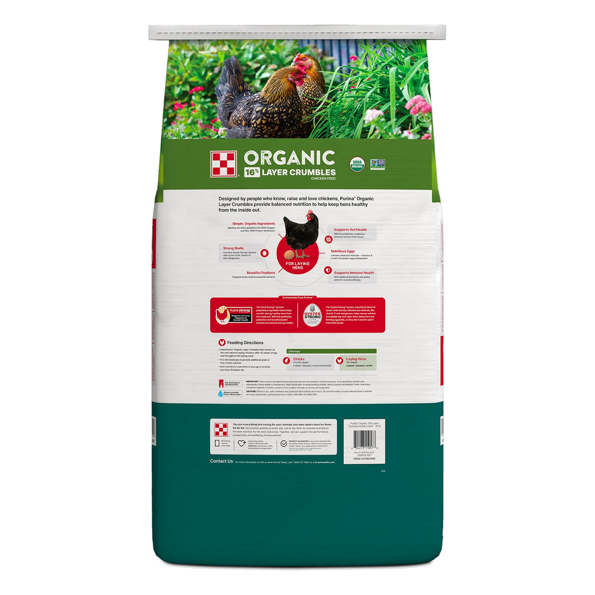 Purina Organic Layer Crumbles Chicken Feed 35 lb bag back panel with feeding directions #35 LB