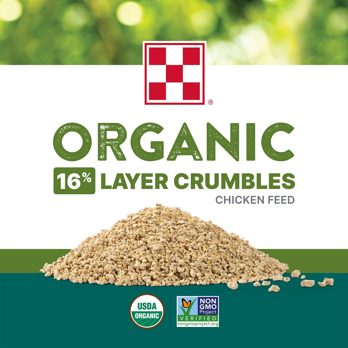 Purina Organic Layer Crumbles chicken feed shown in crumble form