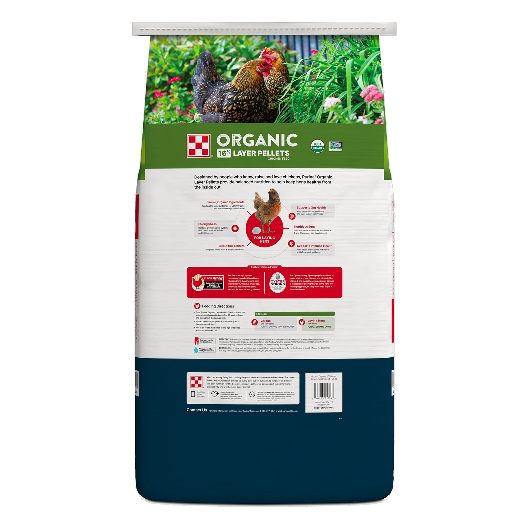 Back of the Purina Organic Layer Pellets 35 lb bag showing feeding directions and benefits