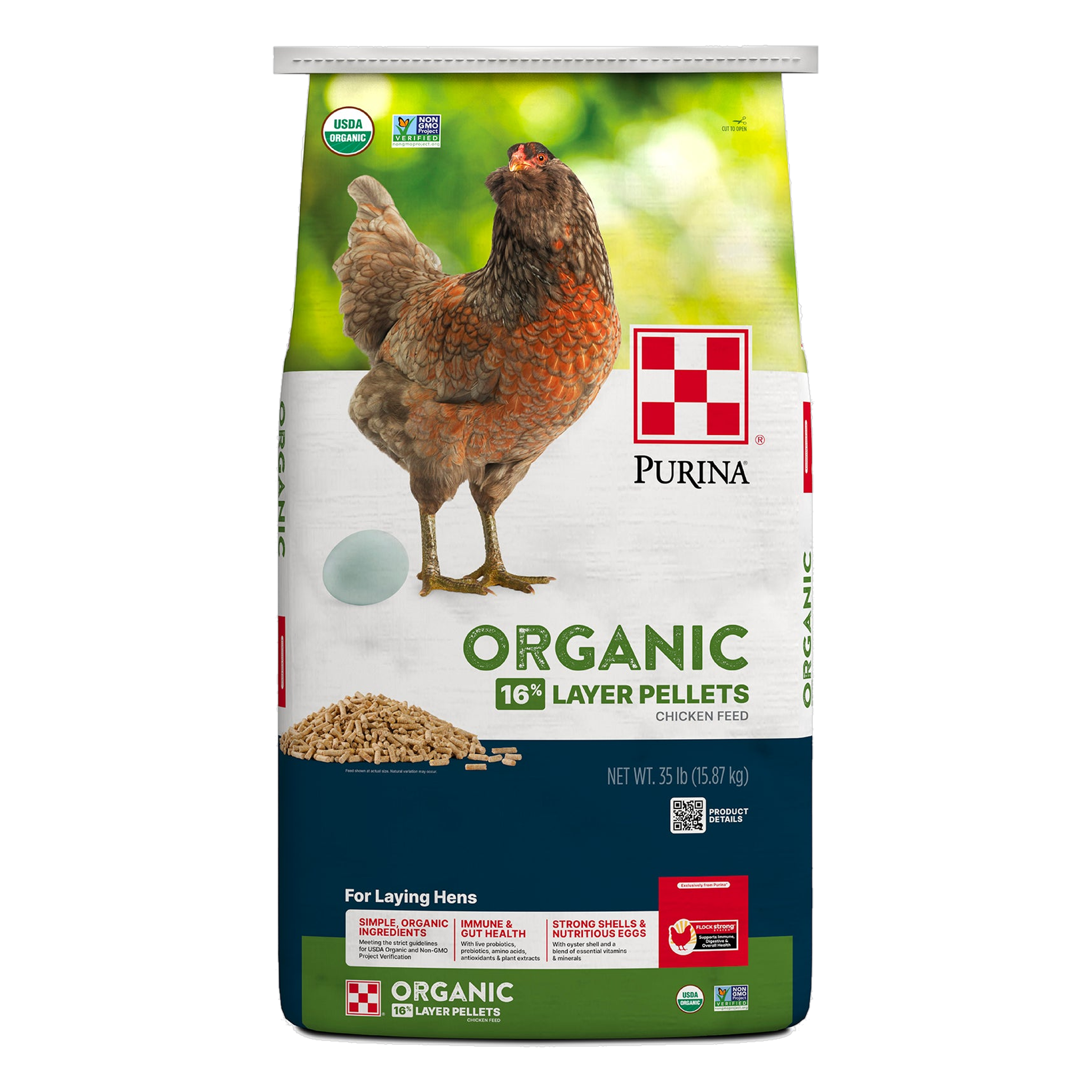 Purina Organic Layer Pellets Chicken Food front of 35 lb bag