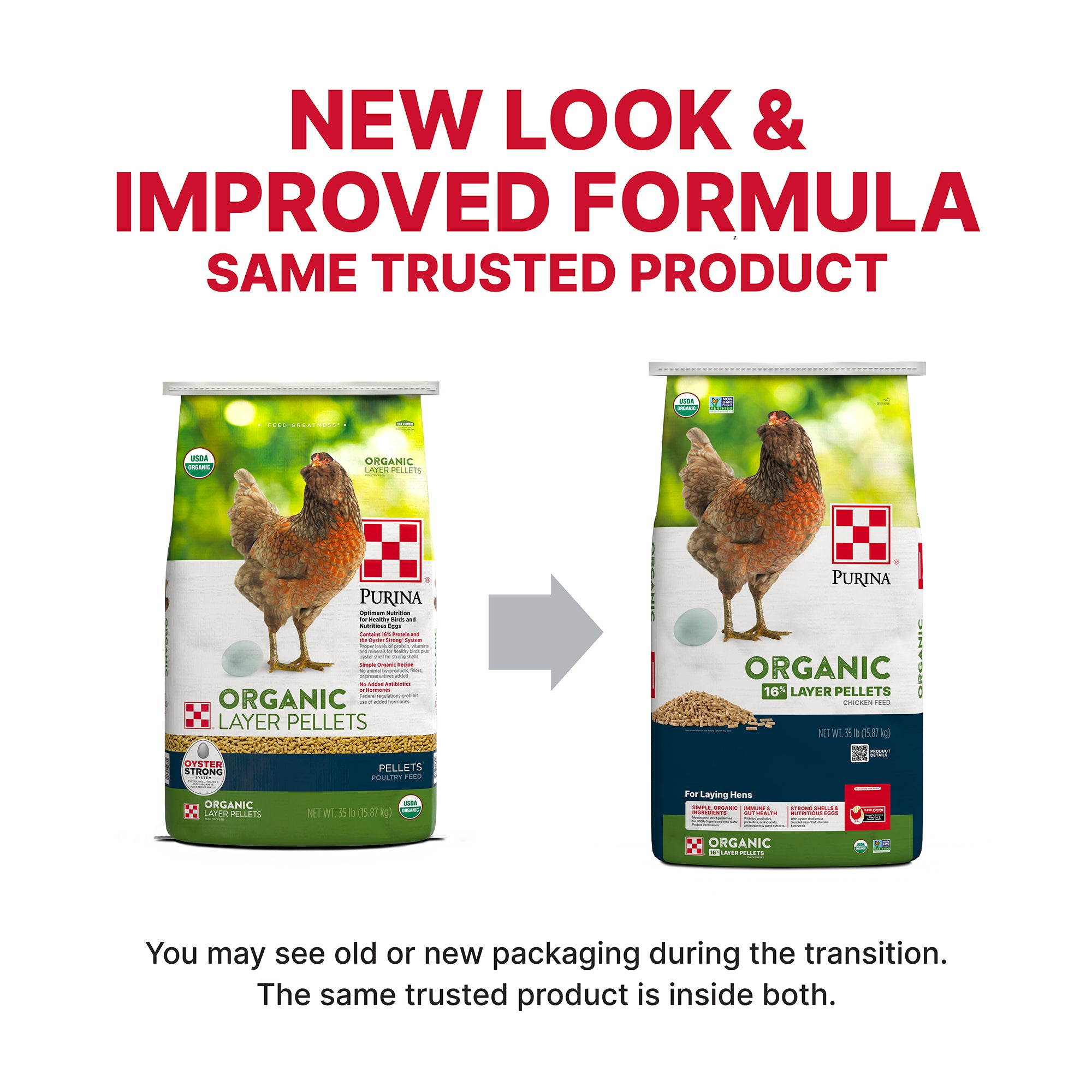 New look and improved formula packaging comparison for Purina Organic Layer Pellets