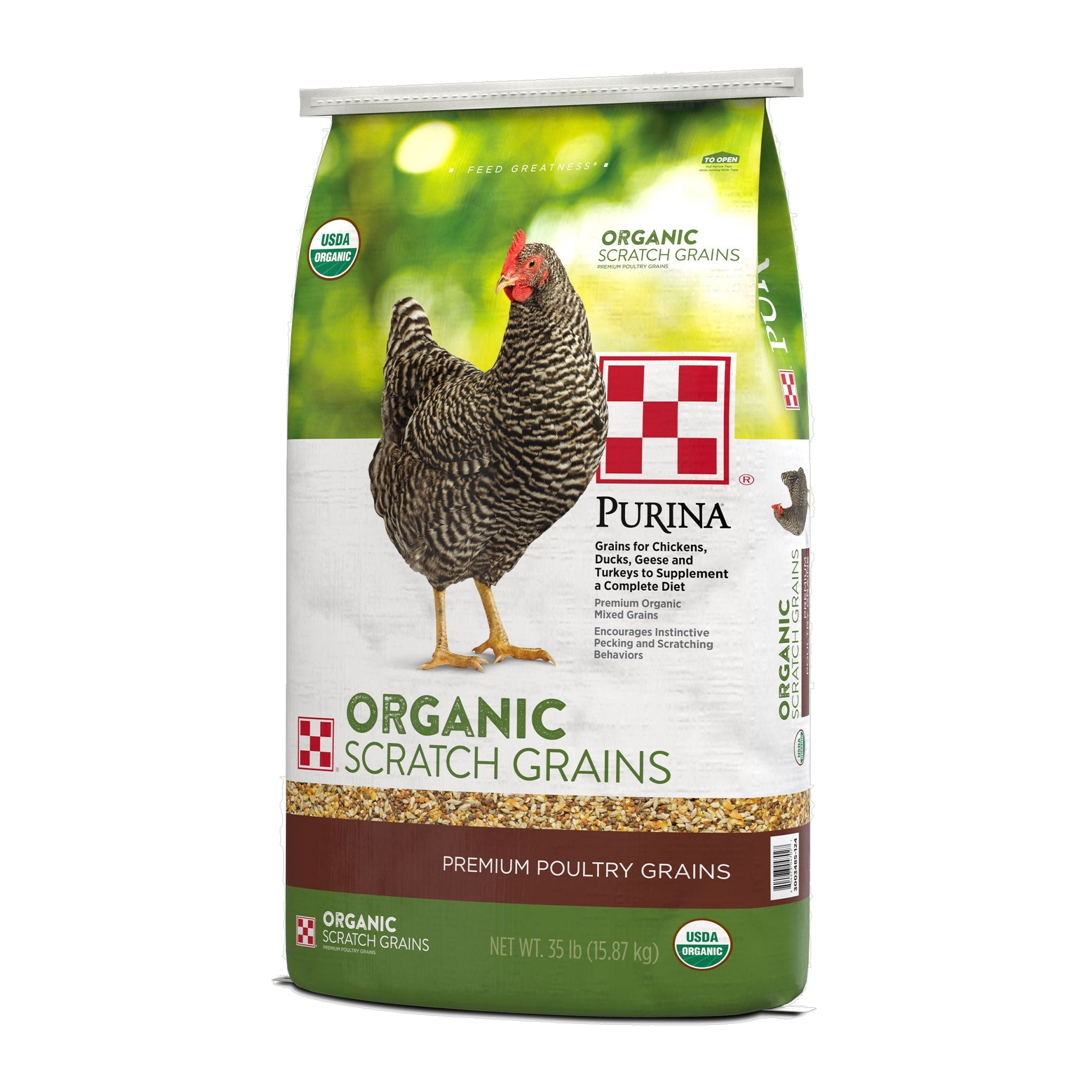 Right side panel of the Purina Organic Scratch Grains 35 lb bag