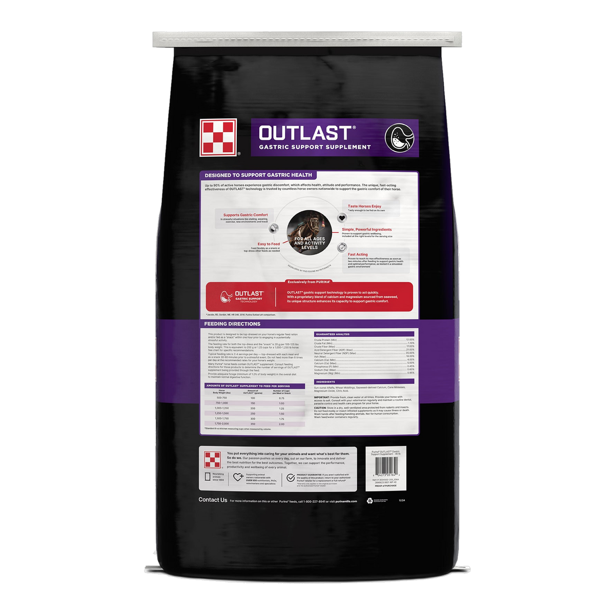 Back of the Purina Outlast Gastric Support Supplement bag with feeding chart