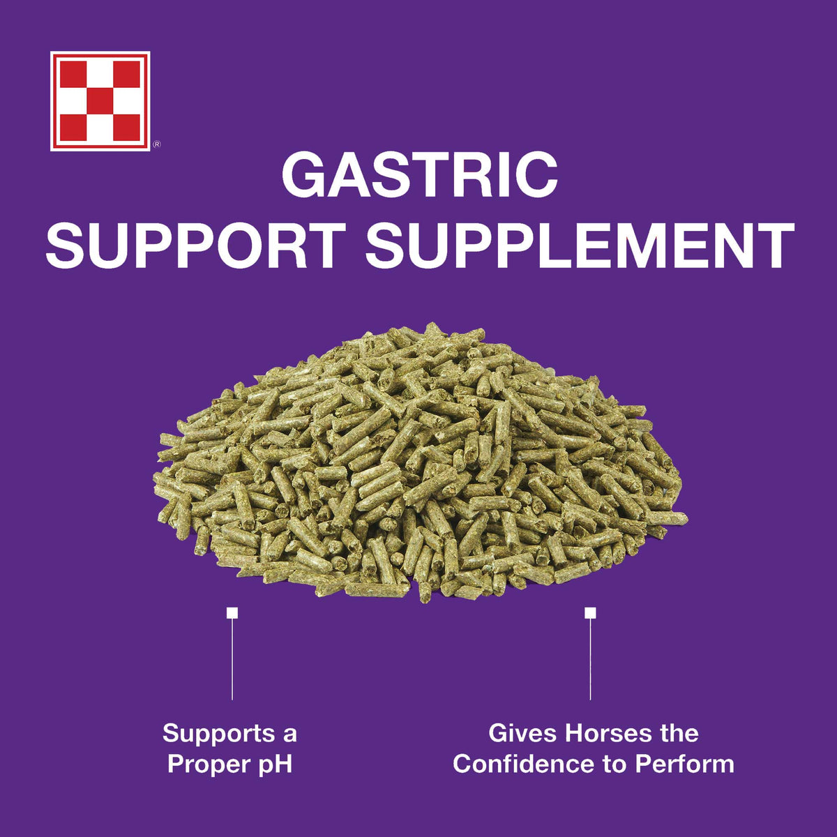 Purina Outlast pellets shown with gastric pH and performance support claims