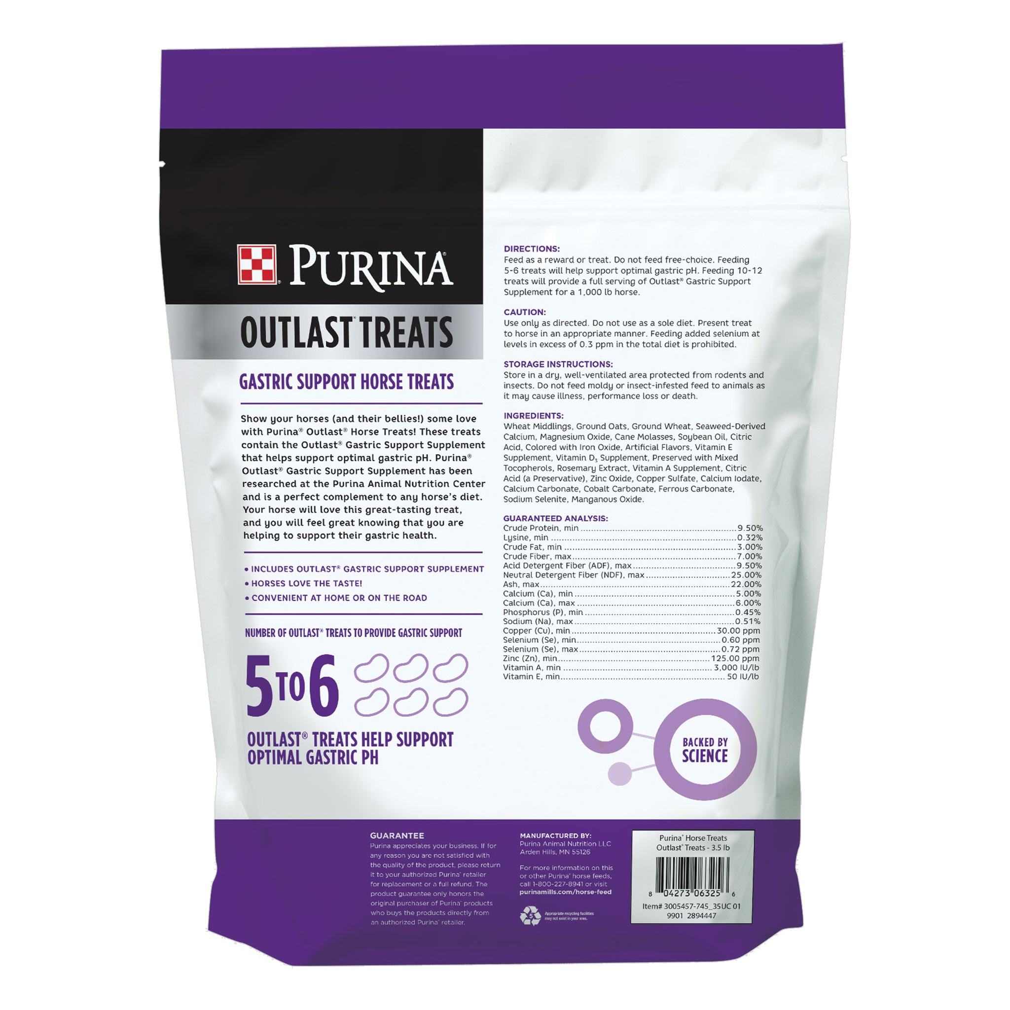Back of the Purina Outlast Horse Treats 3.5 lb bag with feeding directions, ingredients and guaranteed analysis
