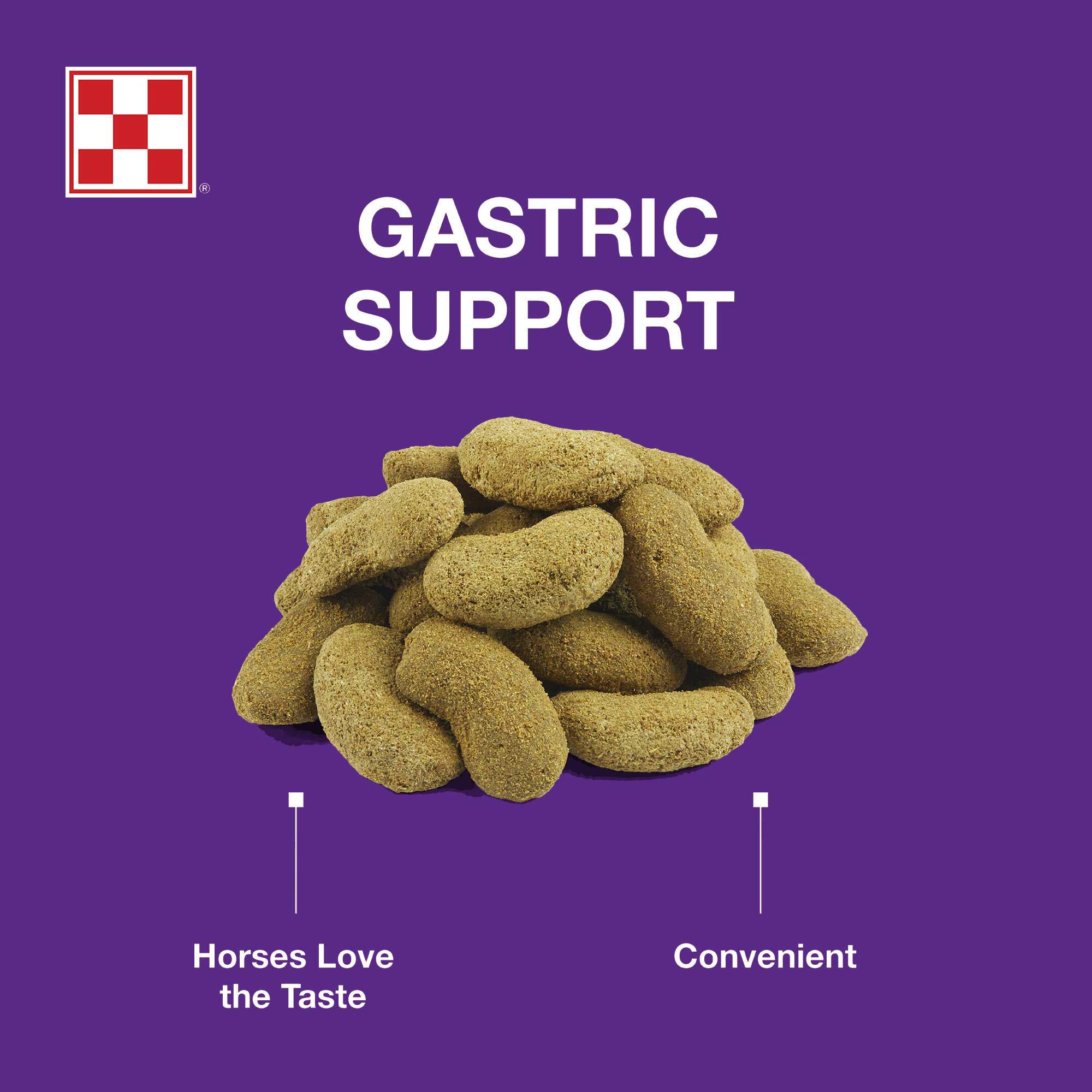 Purina Outlast horse treat nuggets with gastric support callouts for taste and convenience