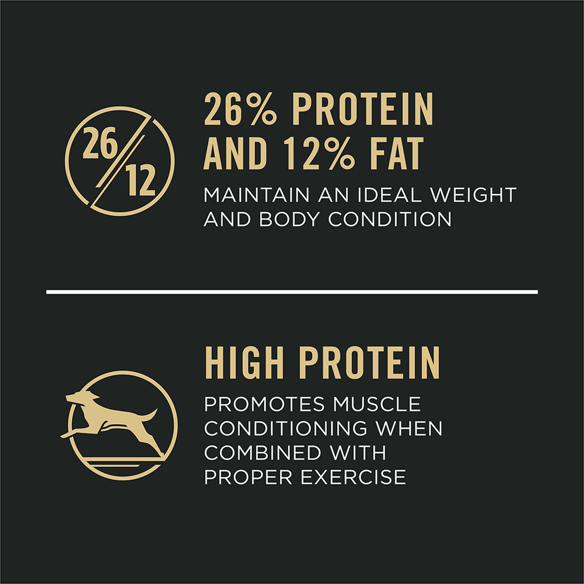 26 percent protein and 12 percent fat maintain ideal weight, high protein promotes muscle conditioning