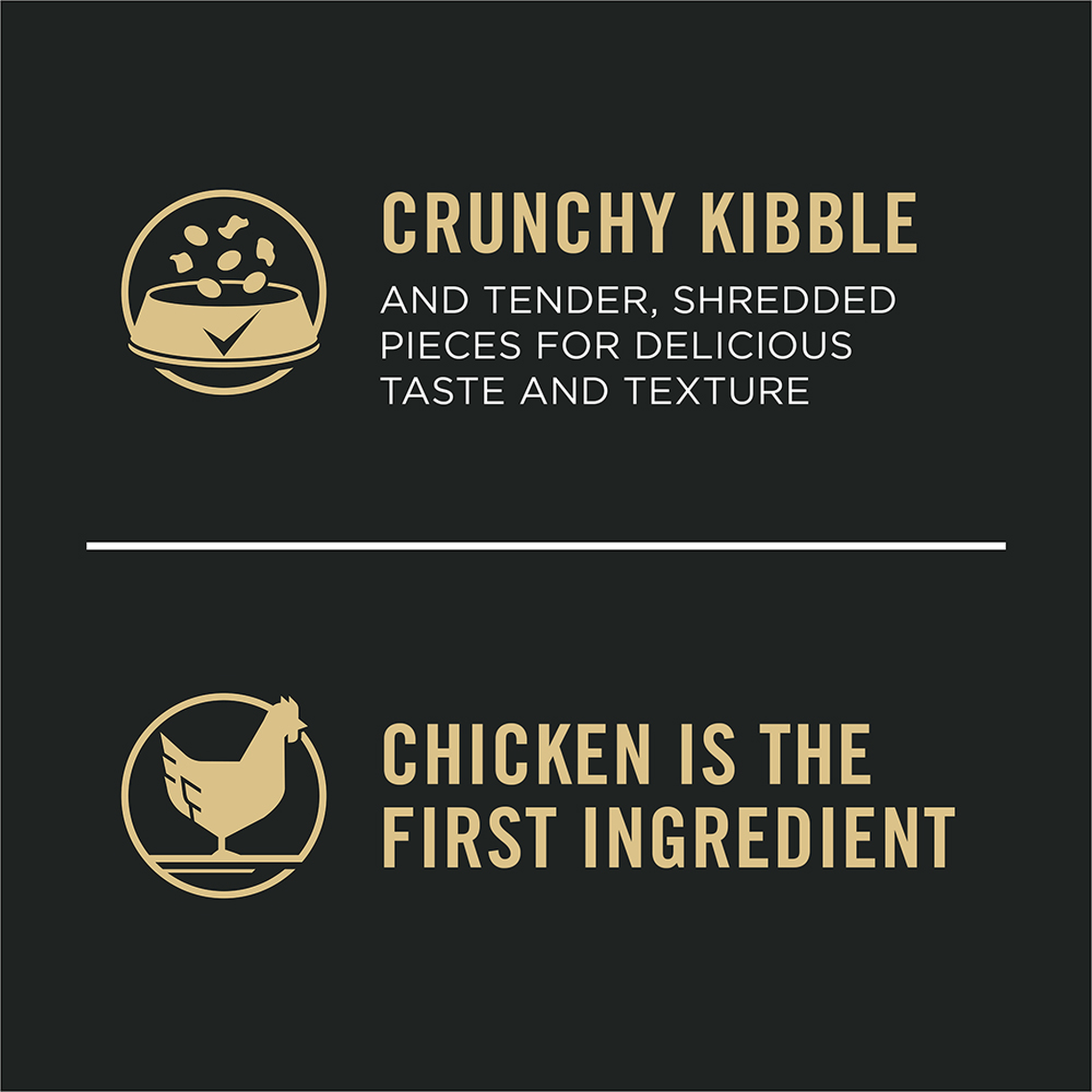 Crunchy kibble and tender shredded pieces for taste and texture, chicken is the first ingredient