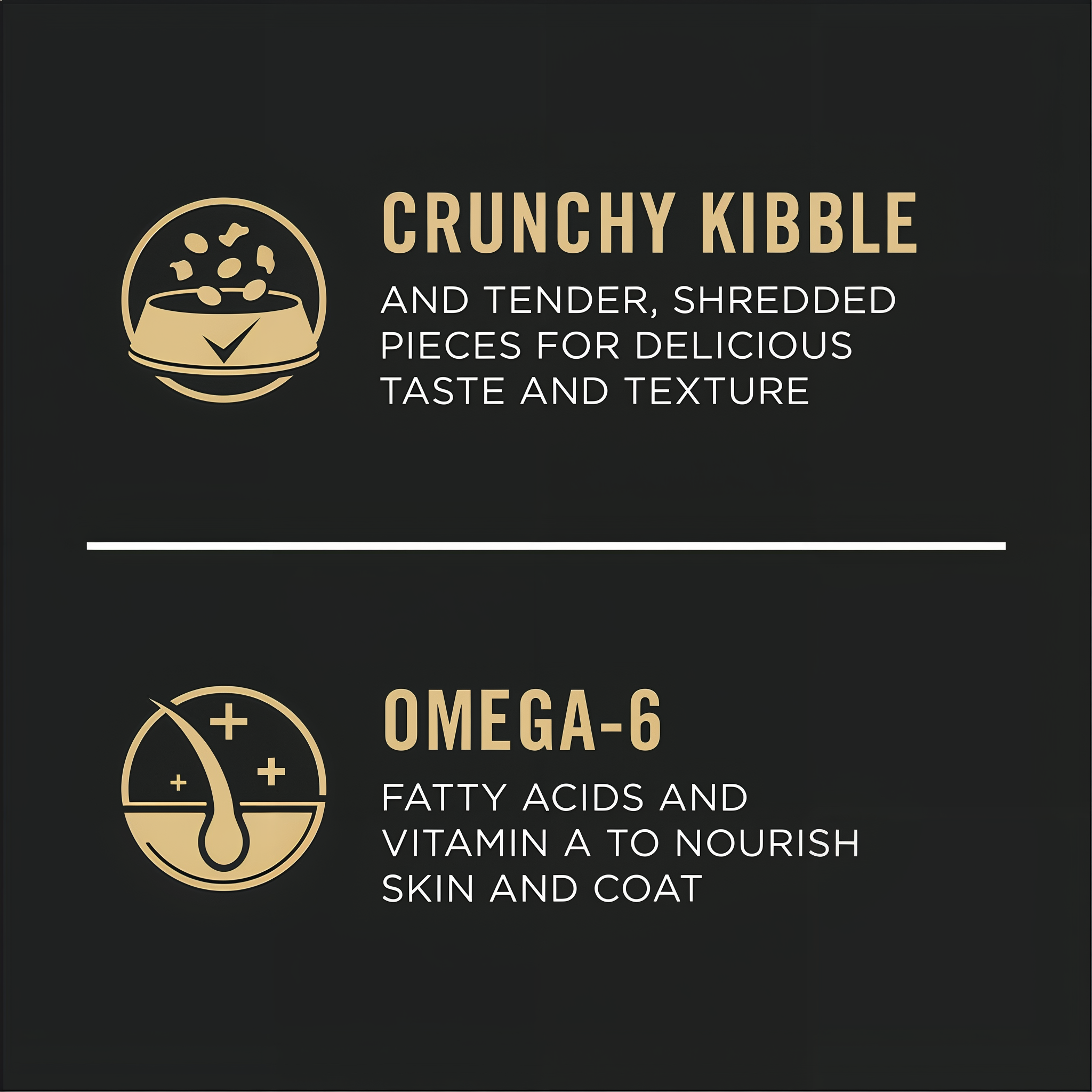 Crunchy kibble with tender shredded pieces plus omega-6 fatty acids and vitamin A for skin and coat