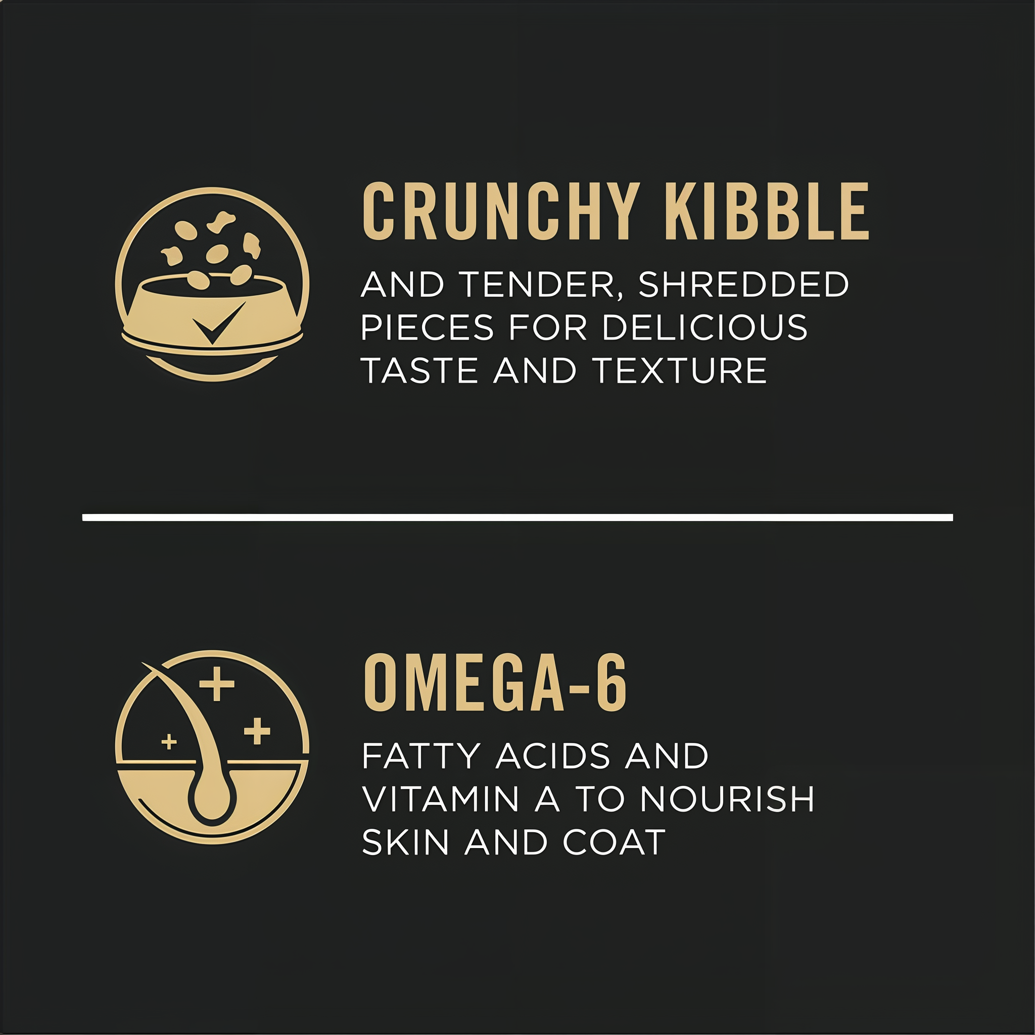 Crunchy kibble with tender shredded pieces plus omega-6 fatty acids and vitamin A for skin and coat