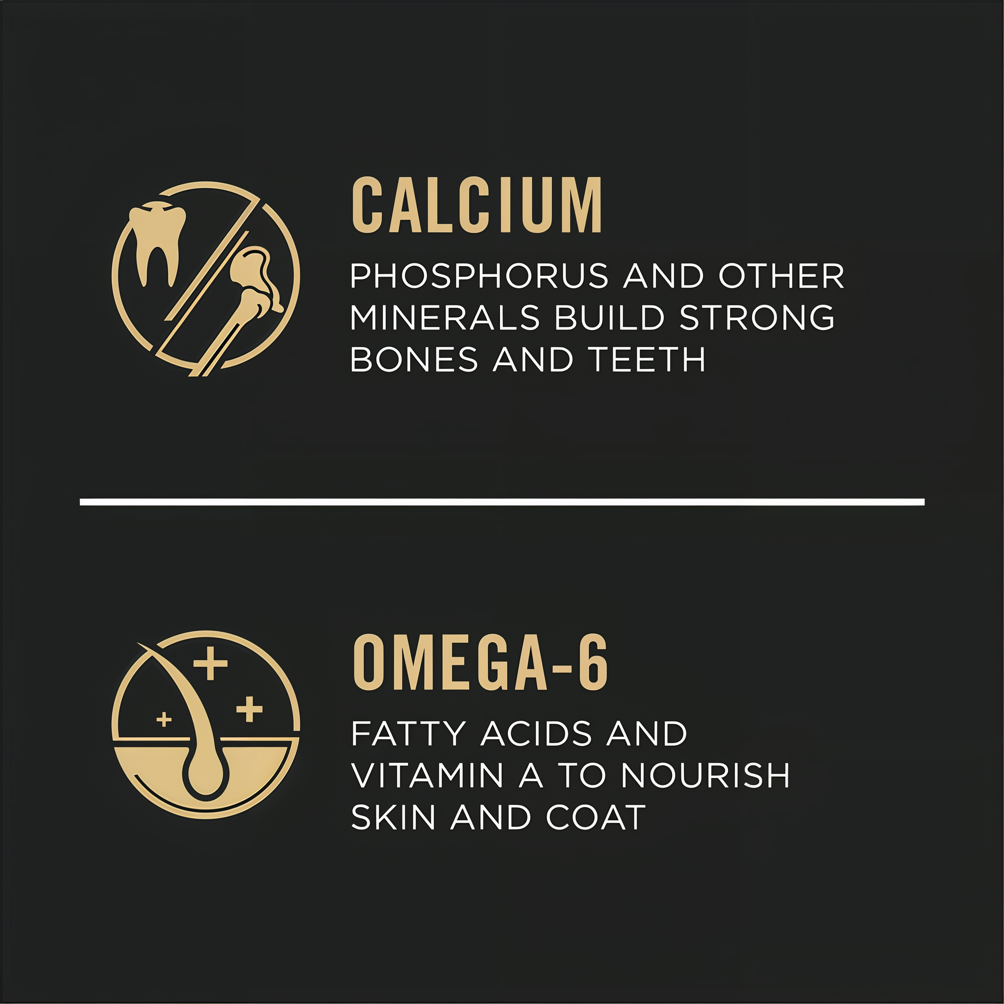 Package label panel highlighting calcium and crunchy kibble for growing teeth