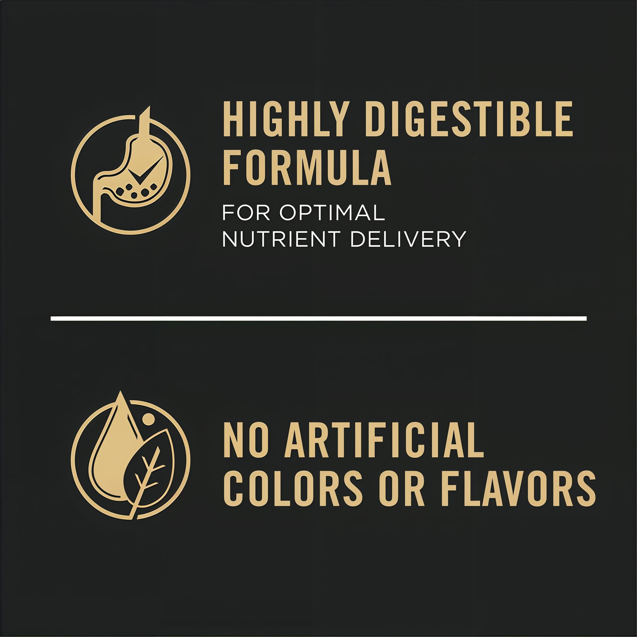 Package label panel highlighting highly digestible formula with no artificial flavors