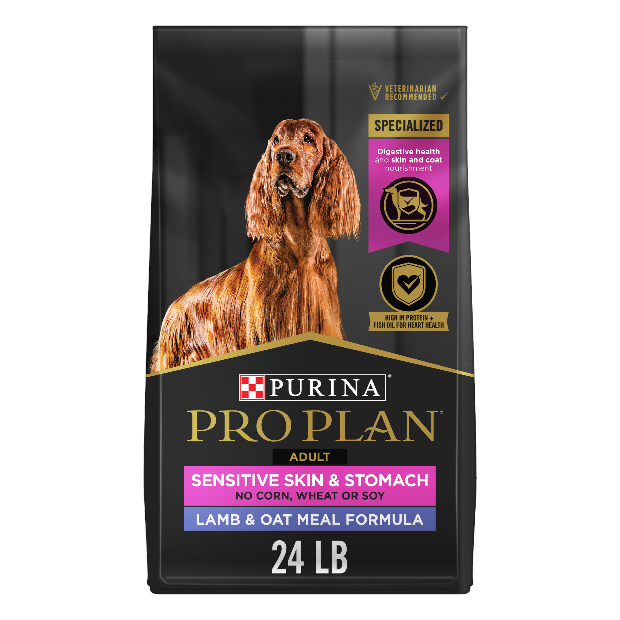 Purina Pro Plan Sensitive Skin and Sensitive Stomach Lamb and Oat Meal Formula dry dog food, 24 lb bag front of package