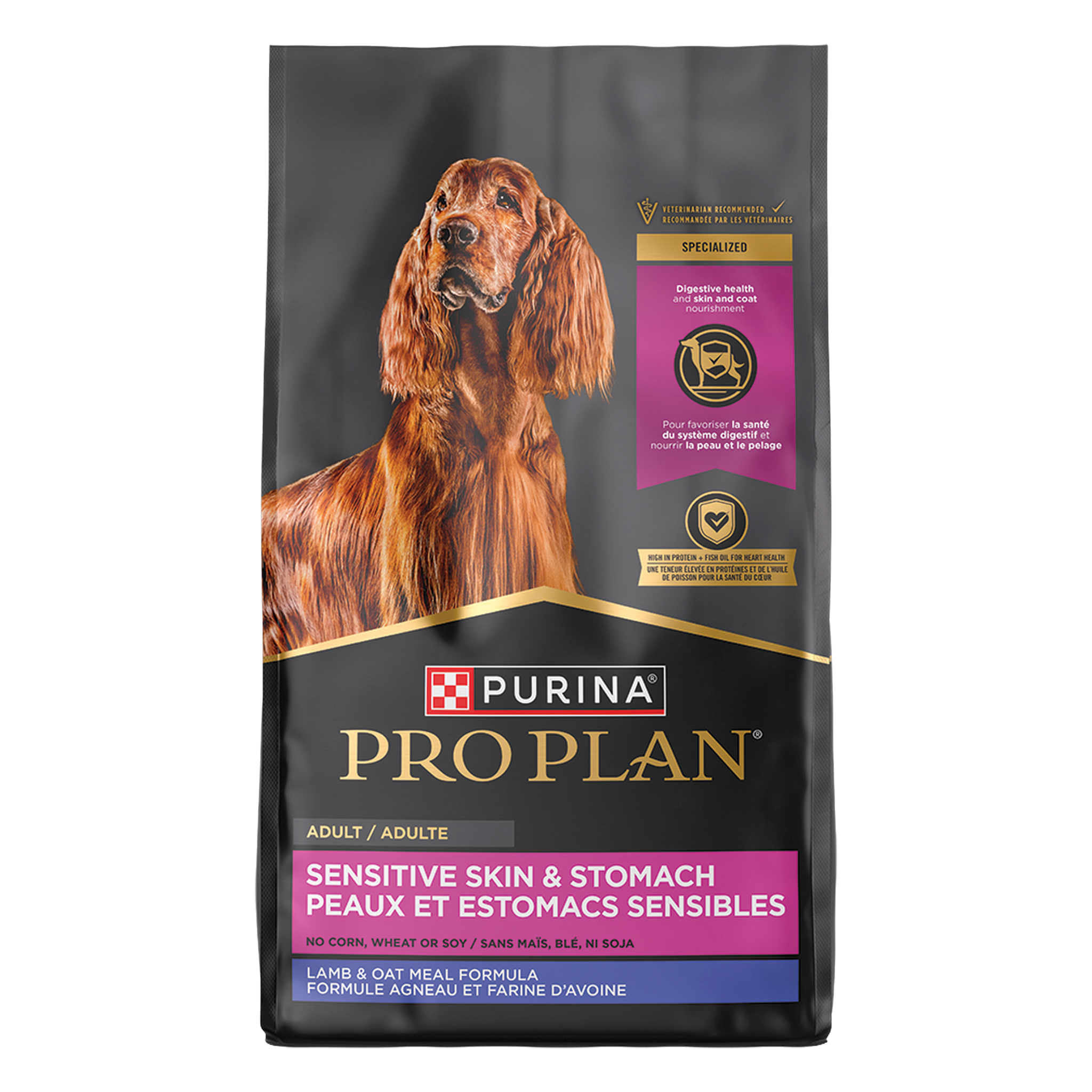 Purina Pro Plan Sensitive Skin and Sensitive Stomach Lamb and Oat Meal Formula dry dog food, front of package