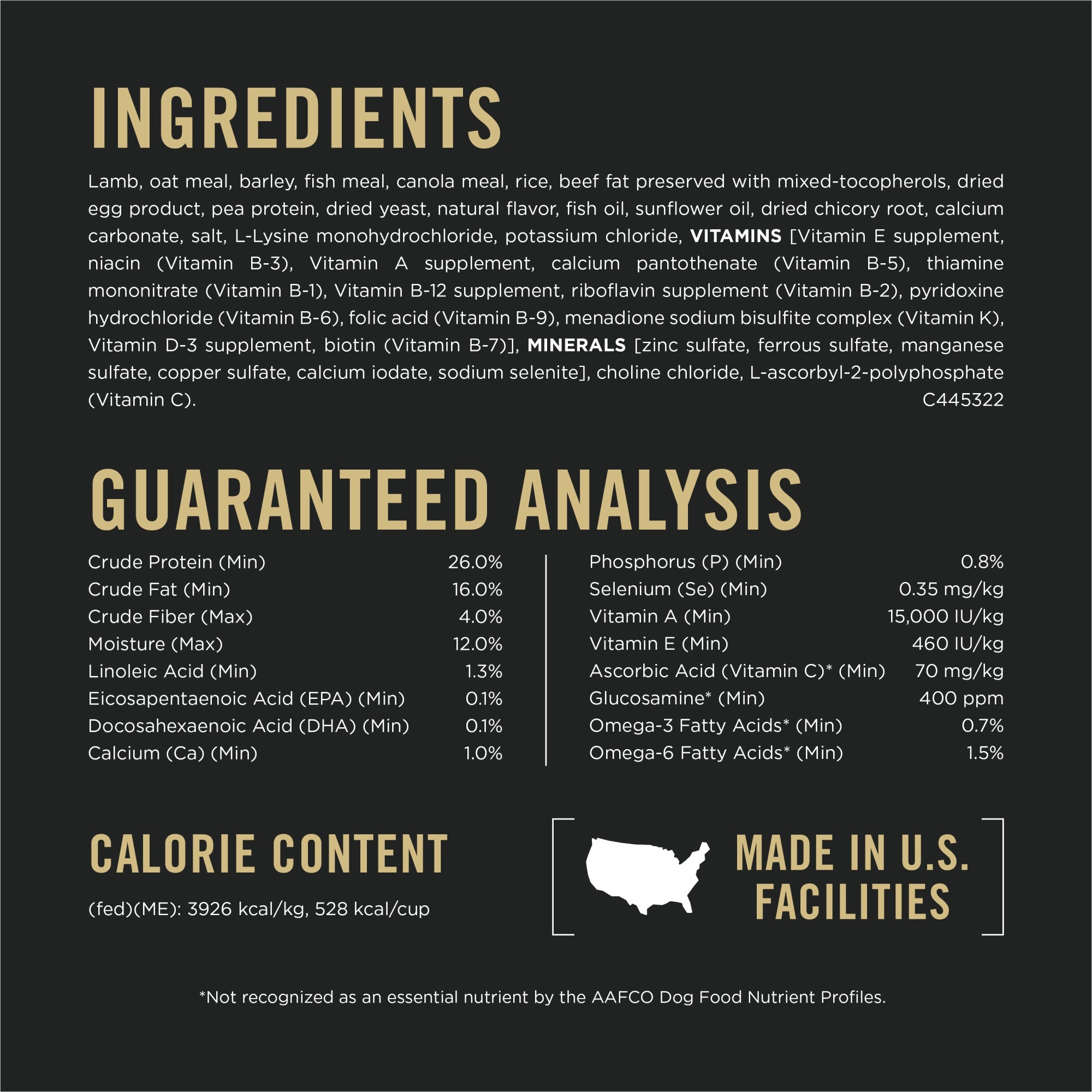 Ingredients and guaranteed analysis panel for Purina Pro Plan Sensitive Skin and Stomach Lamb and Oat Meal dry dog food