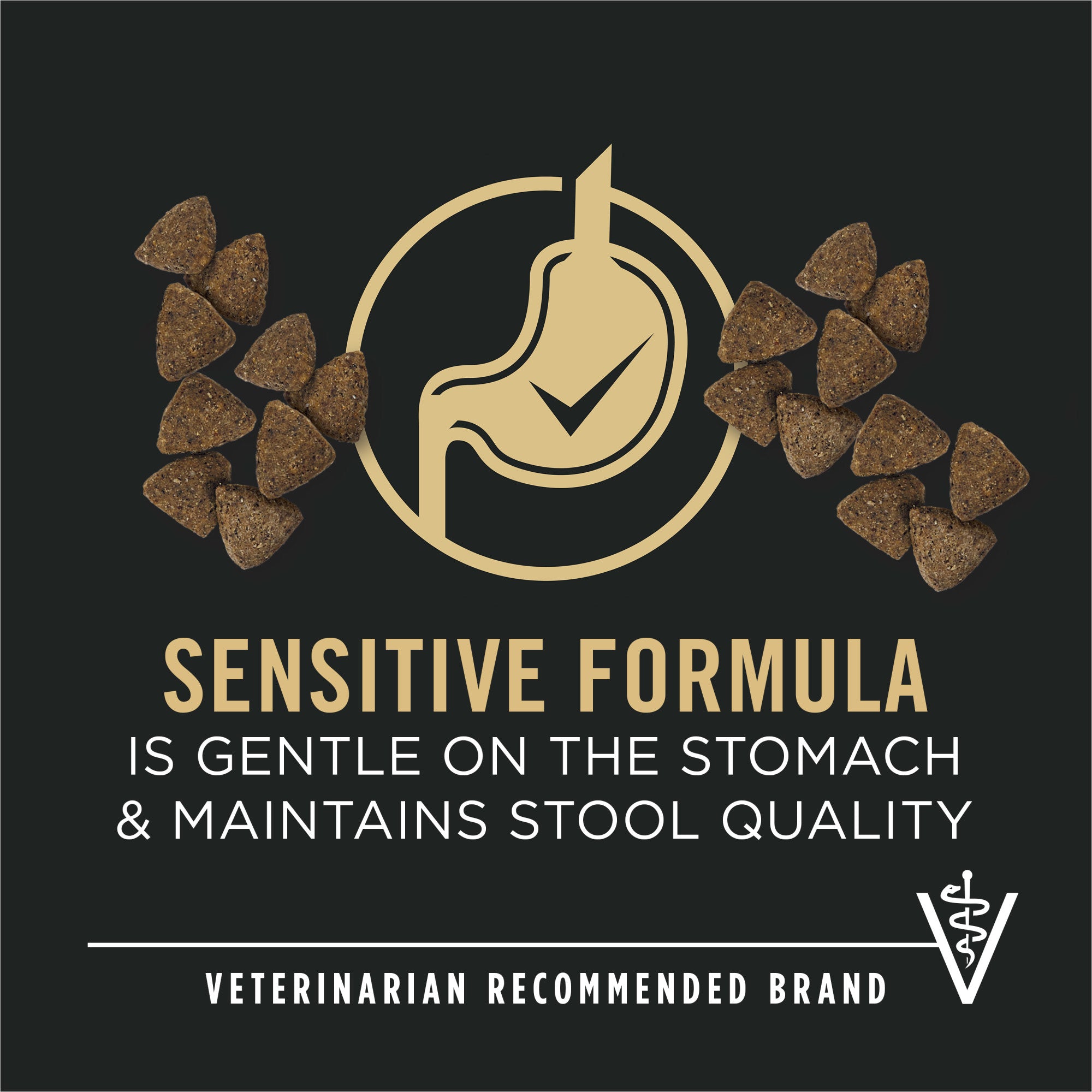 Sensitive formula is gentle on the stomach and maintains stool quality, veterinarian recommended brand