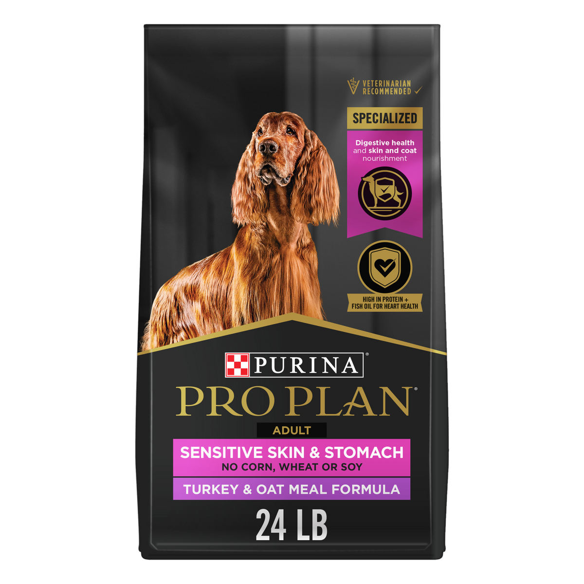 Purina Pro Plan Sensitive Skin and Stomach Turkey and Oatmeal dry dog food, 24 lb bag front of package