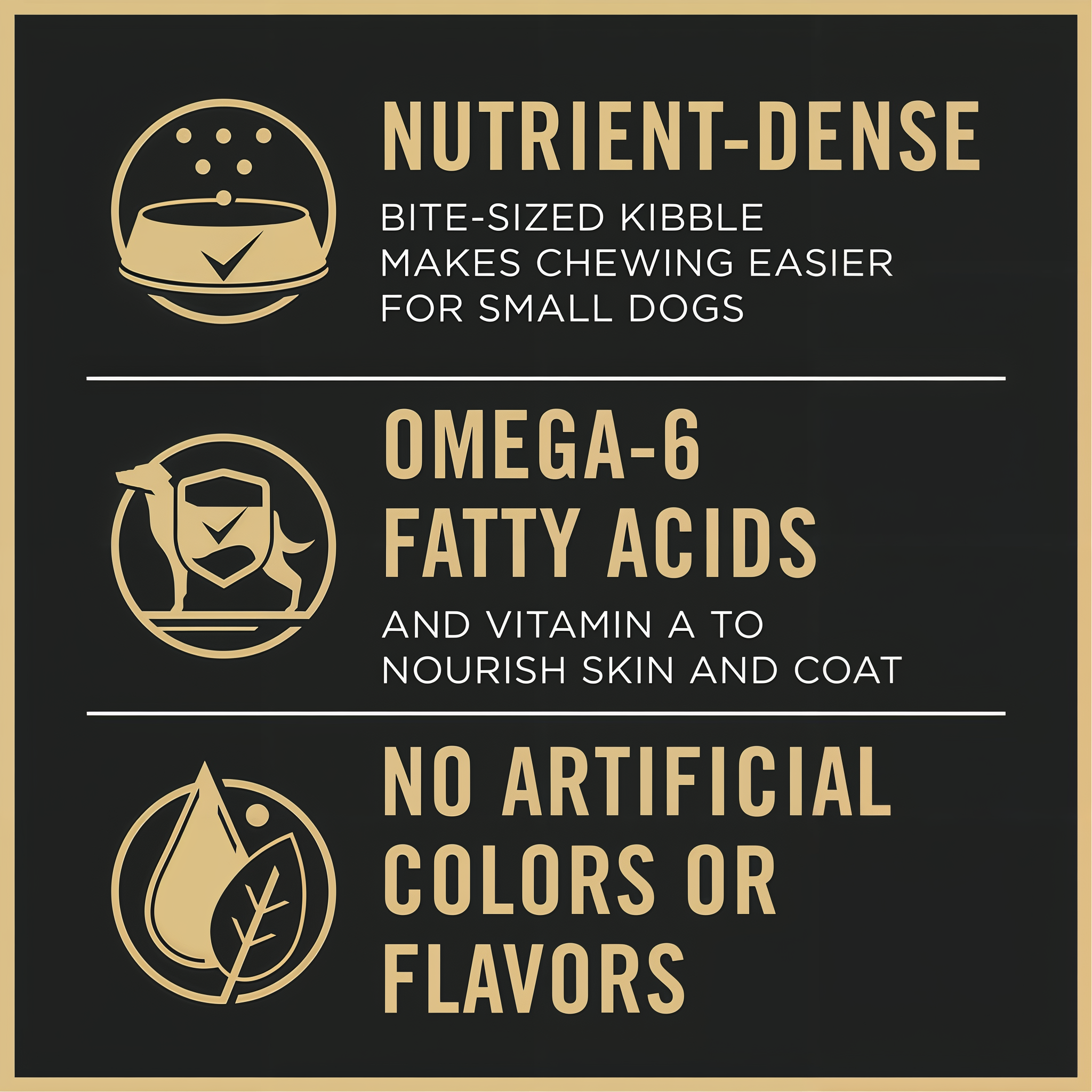 Package label panel highlighting omega-6 fatty acids and no artificial colors or flavors