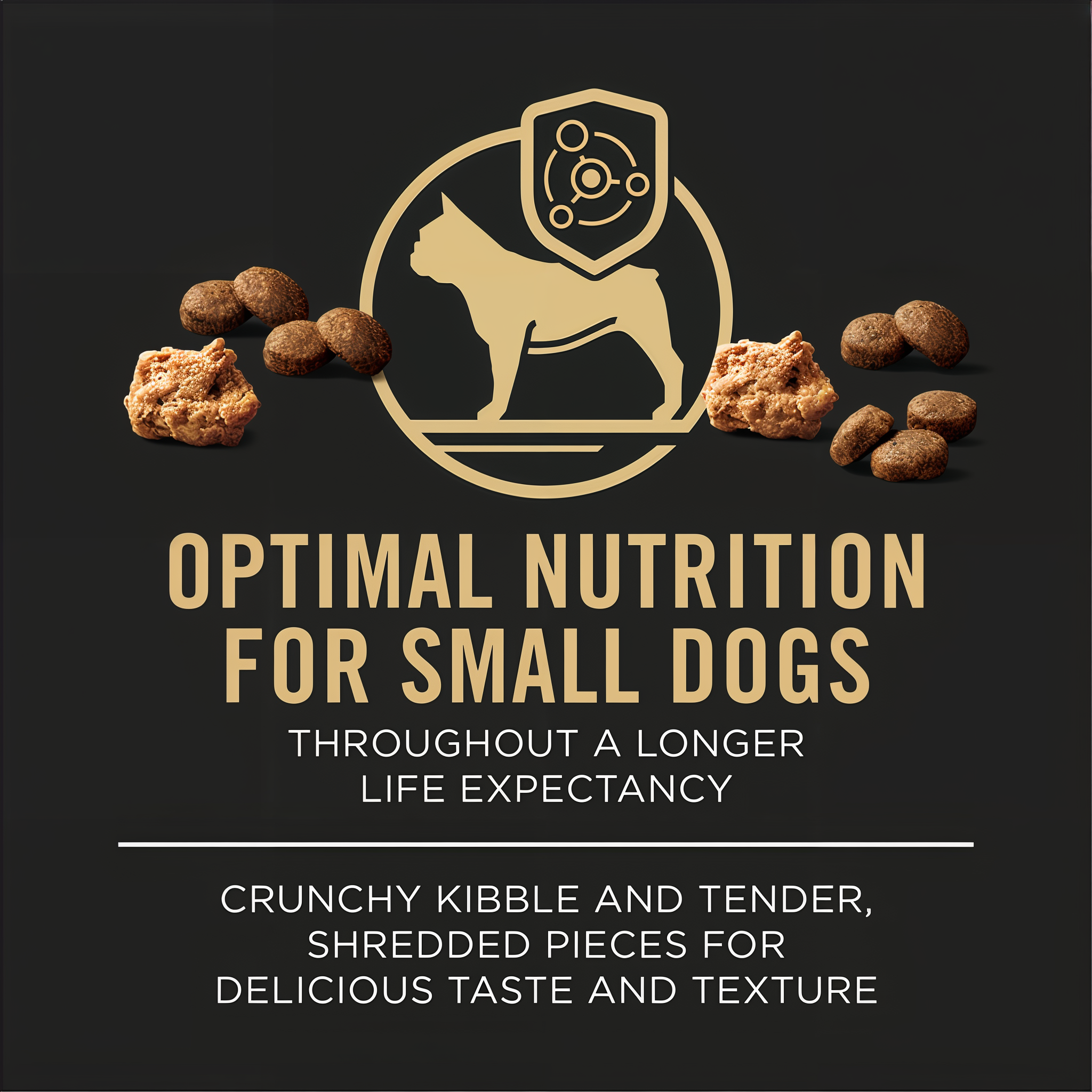 Package label panel highlighting optimal nutrient delivery for small breed dogs