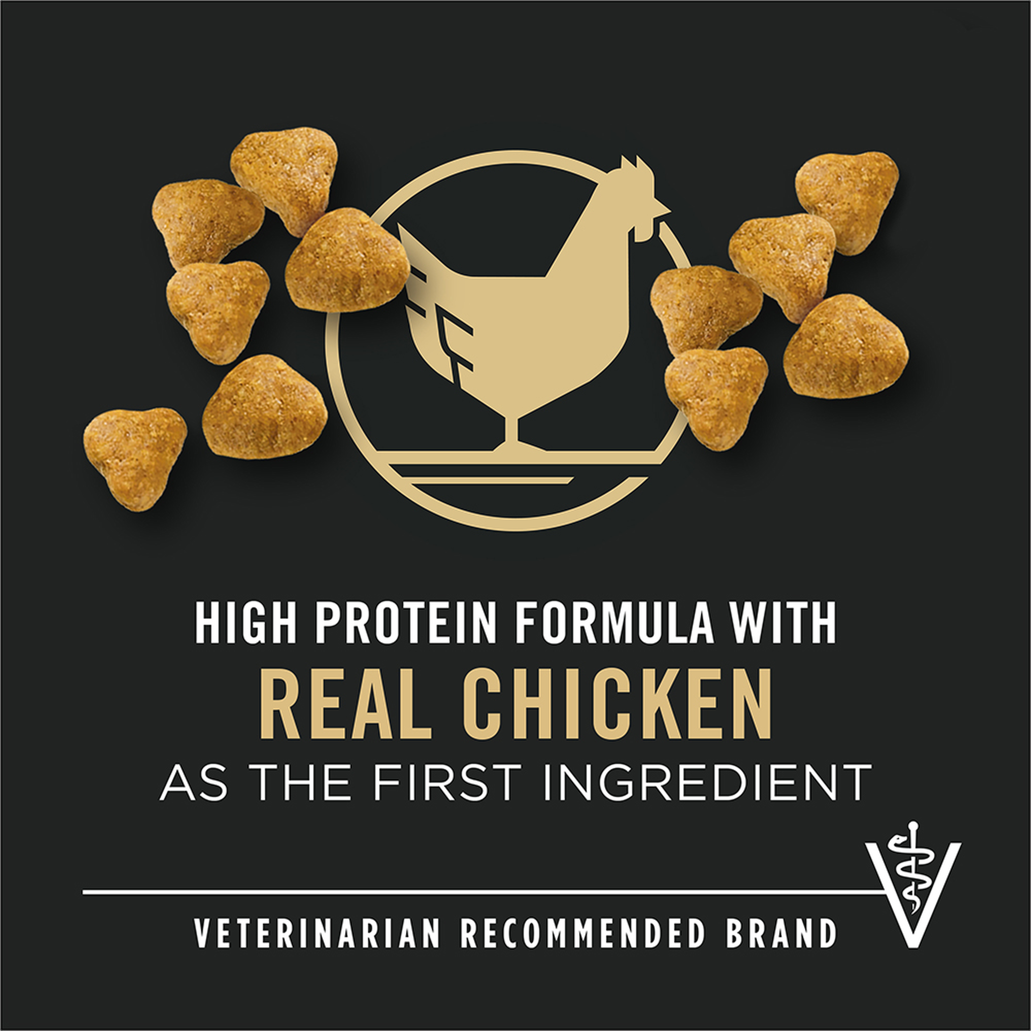 High protein formula with real chicken as the first ingredient, veterinarian recommended brand