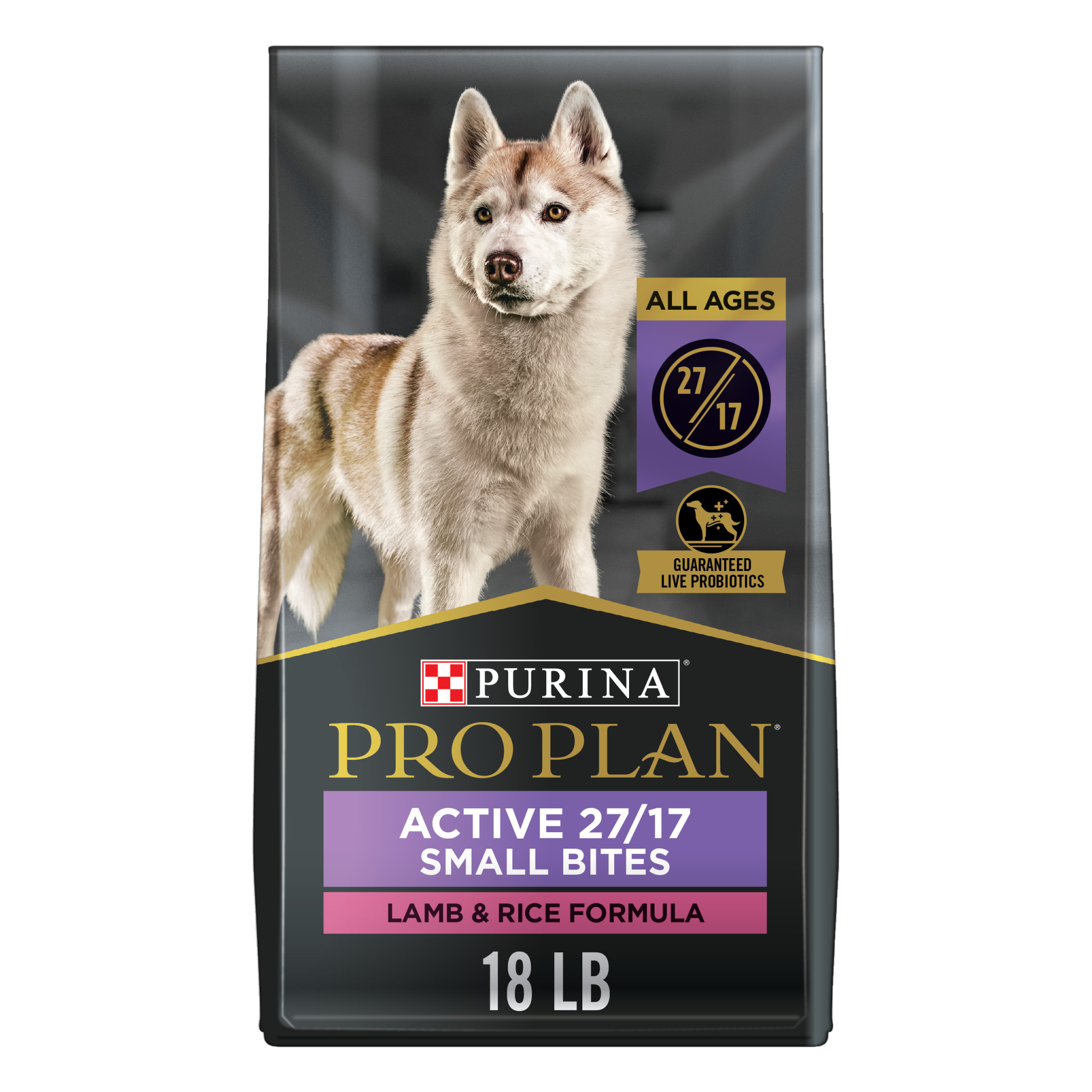 Purina Pro Plan Sport Small Bites 27/17 Lamb and Rice dry dog food, 18 lb bag front of package
