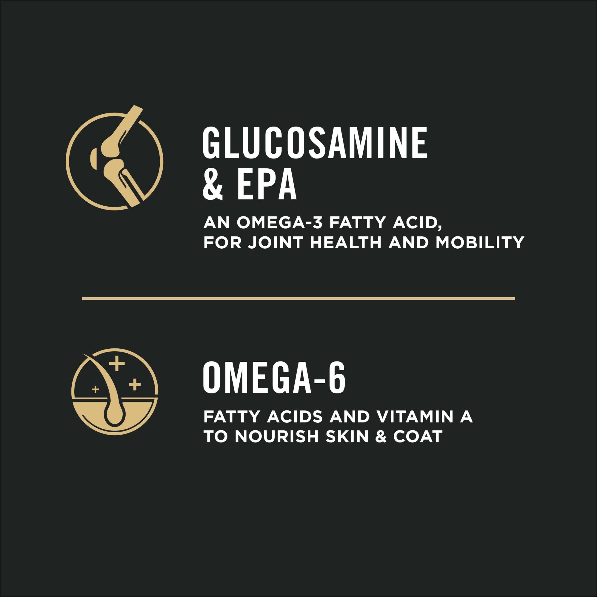 Glucosamine and EPA, an omega-3 fatty acid, for joint health and mobility, plus omega-6 and vitamin A to nourish skin and coat