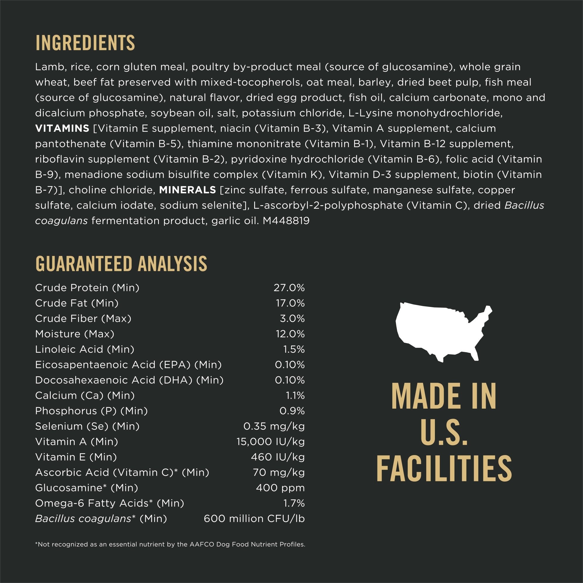 Ingredients and guaranteed analysis panel for Purina Pro Plan Sport Small Bites 27/17 Lamb and Rice dry dog food