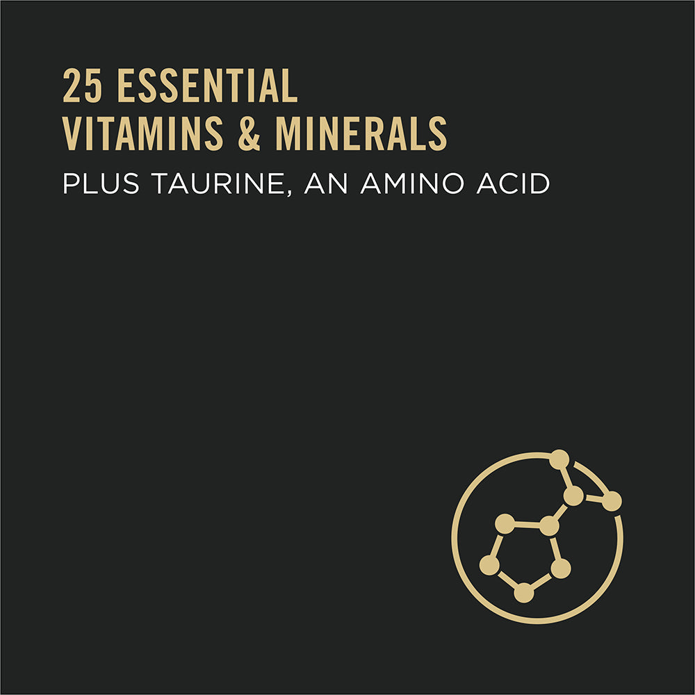 25 essential vitamins and minerals plus taurine