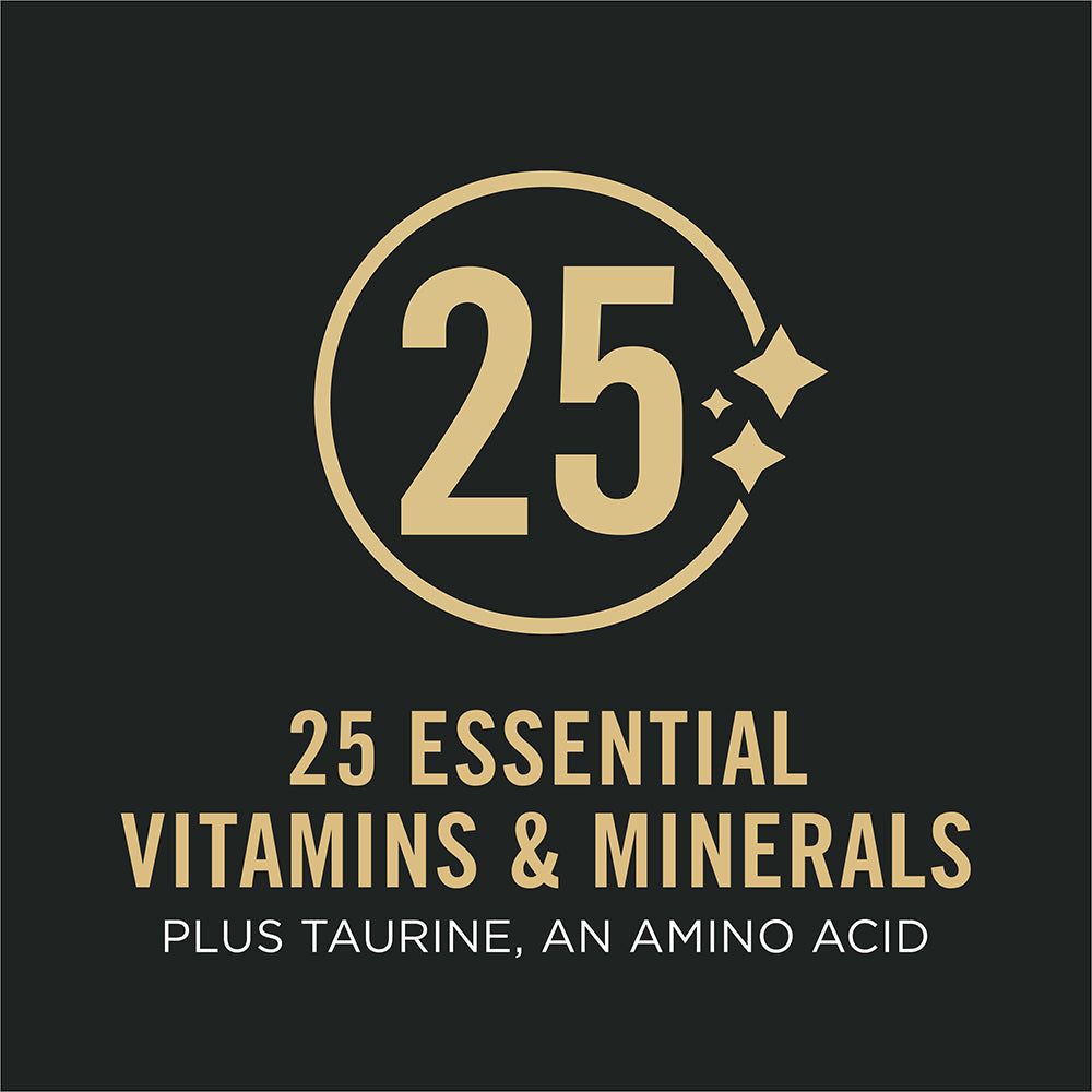 25 essential vitamins and minerals plus taurine, an amino acid