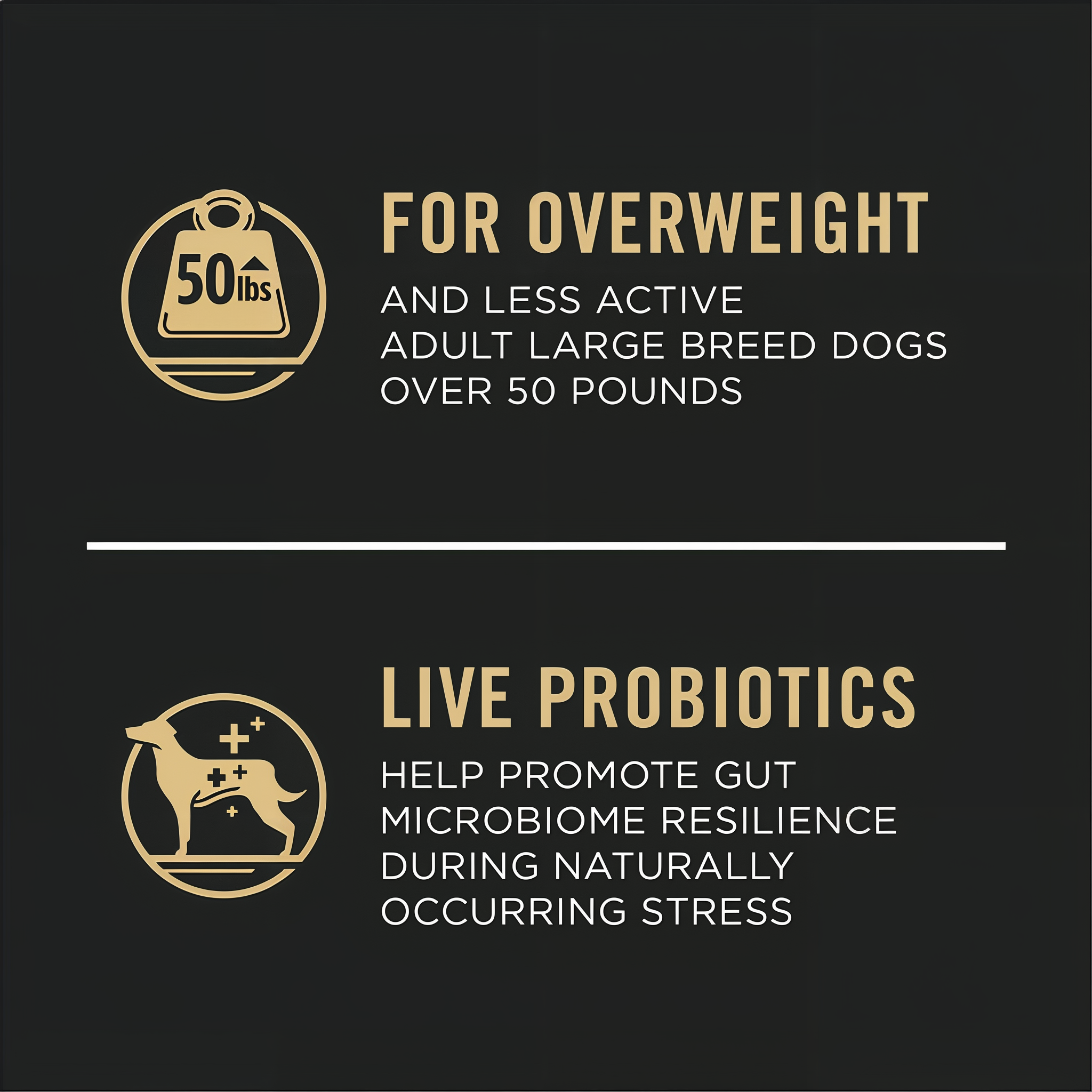 For overweight and less active adult large breed dogs over 50 pounds, with live probiotics for gut microbiome resilience