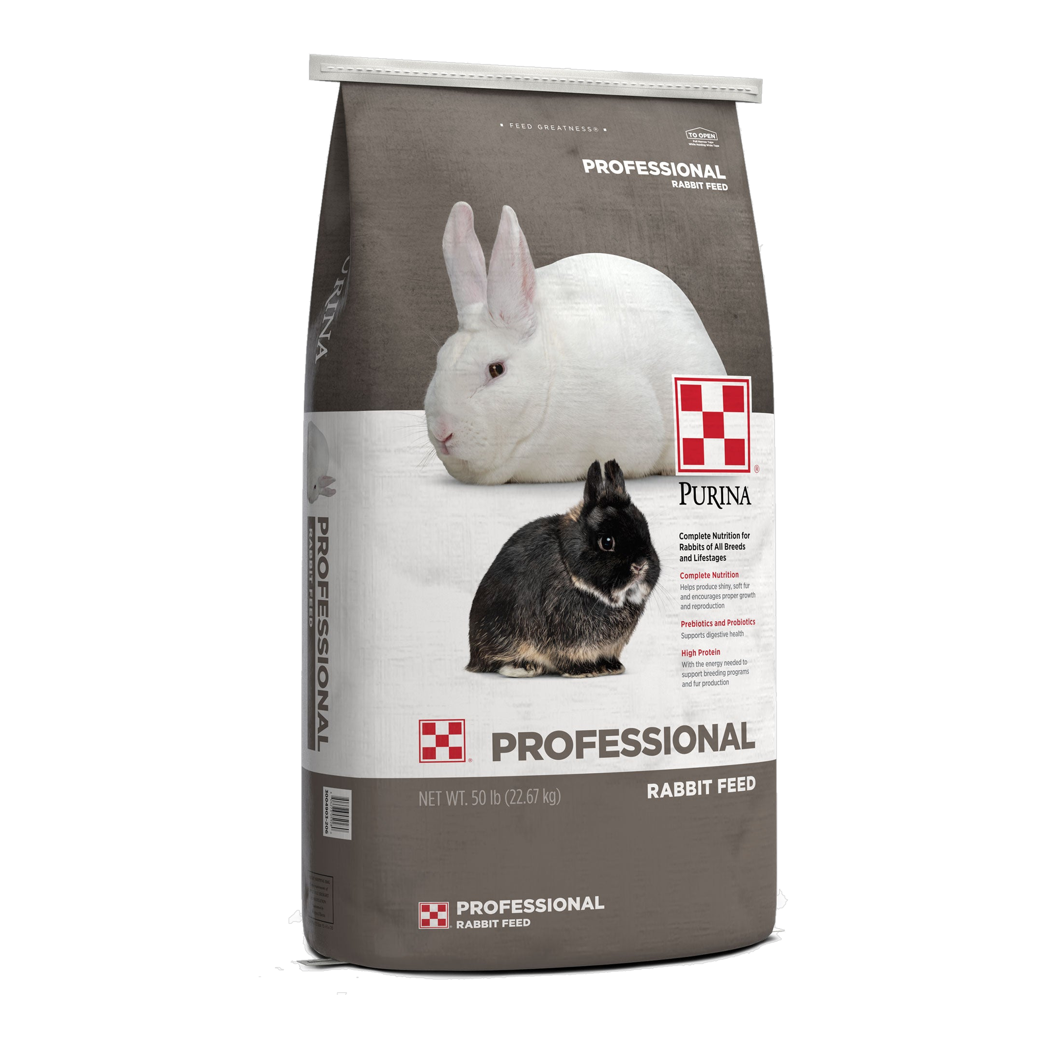 Purina Professional Rabbit Feed 50 lb bag angled view