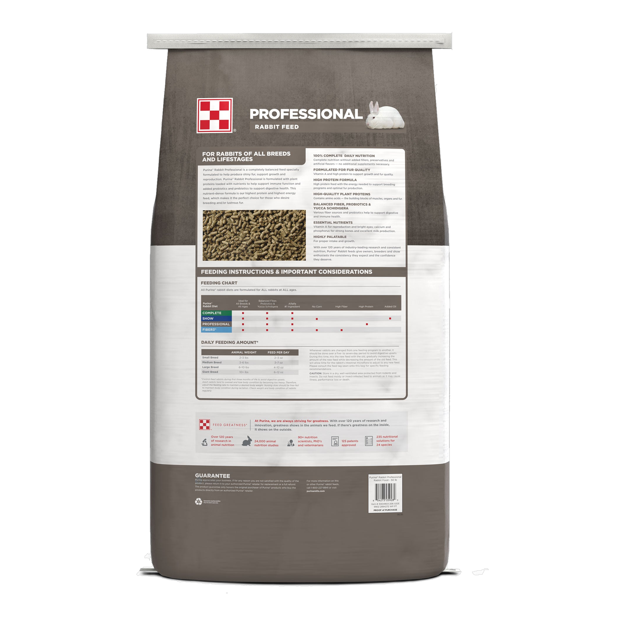 Back of the Purina Professional Rabbit Feed bag with feeding chart and guaranteed analysis