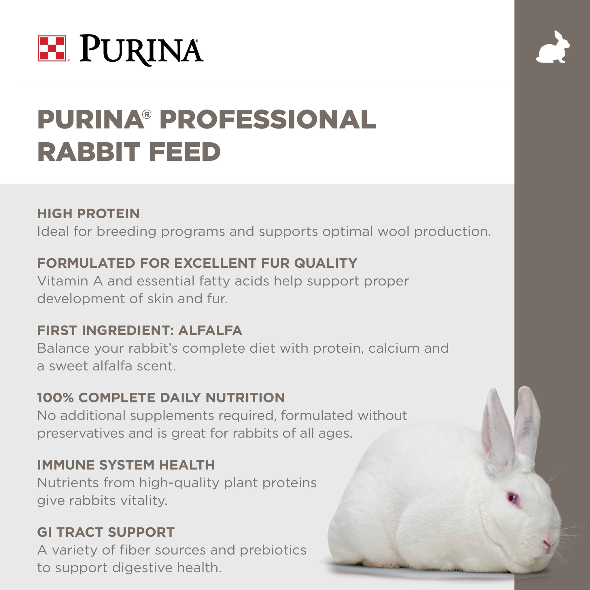 Purina Professional Rabbit Feed key benefits - high protein, excellent fur quality, alfalfa first ingredient