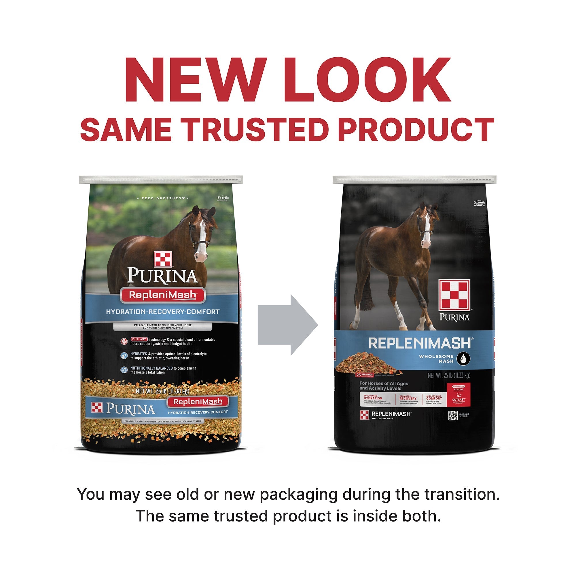 Purina RepleniMash packaging transition graphic showing old and new bag designs