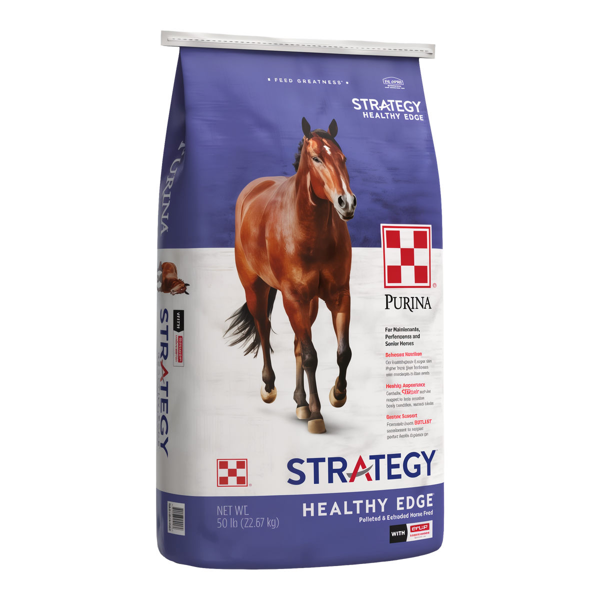 Purina Strategy Healthy Edge Horse Feed -- front of the 50 lb bag