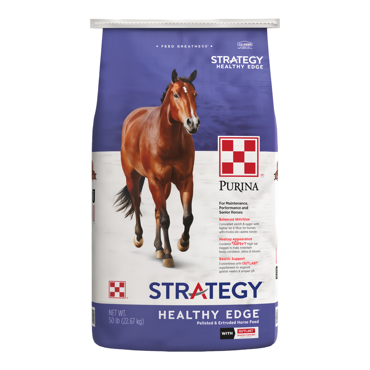 Purina Strategy Healthy Edge Horse Feed 50 lb bag, straight-on front view