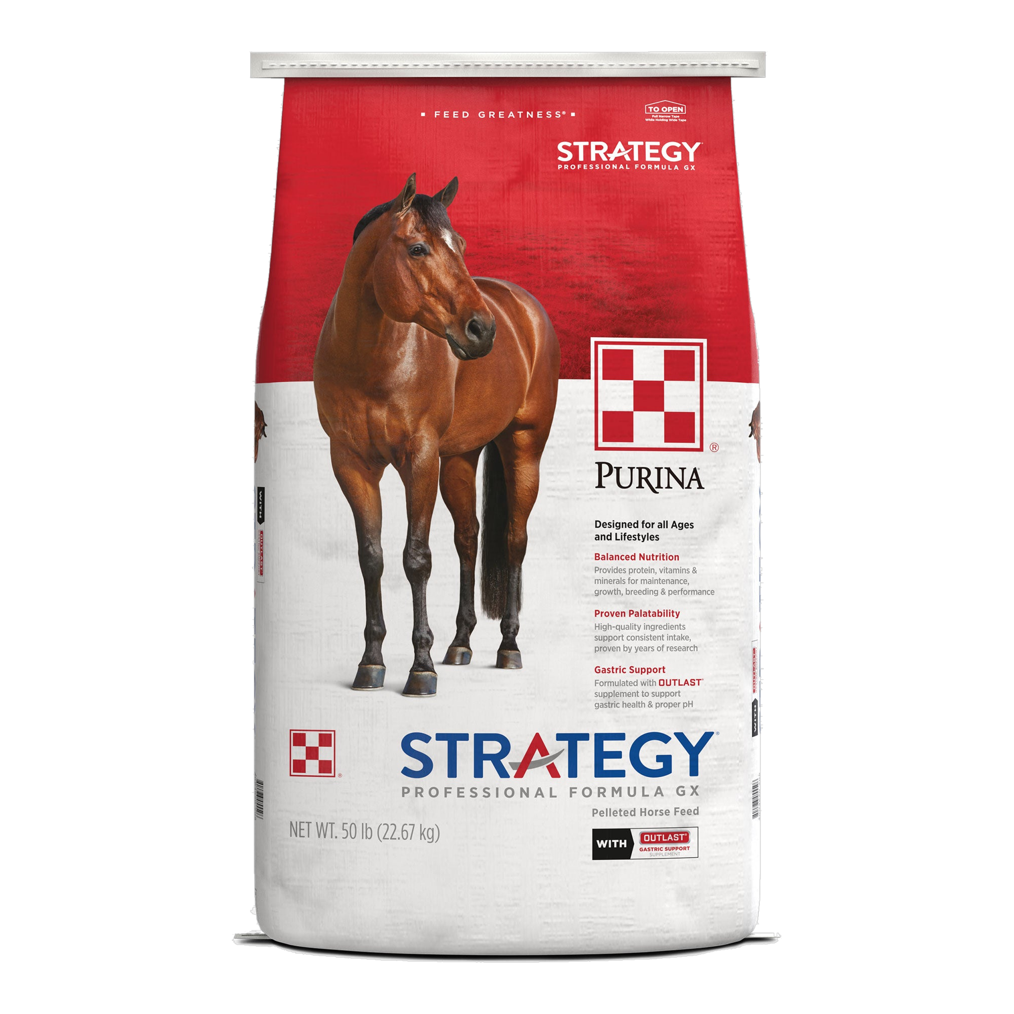 Purina Strategy Professional Formula GX pelleted horse feed, front of the 50 lb bag